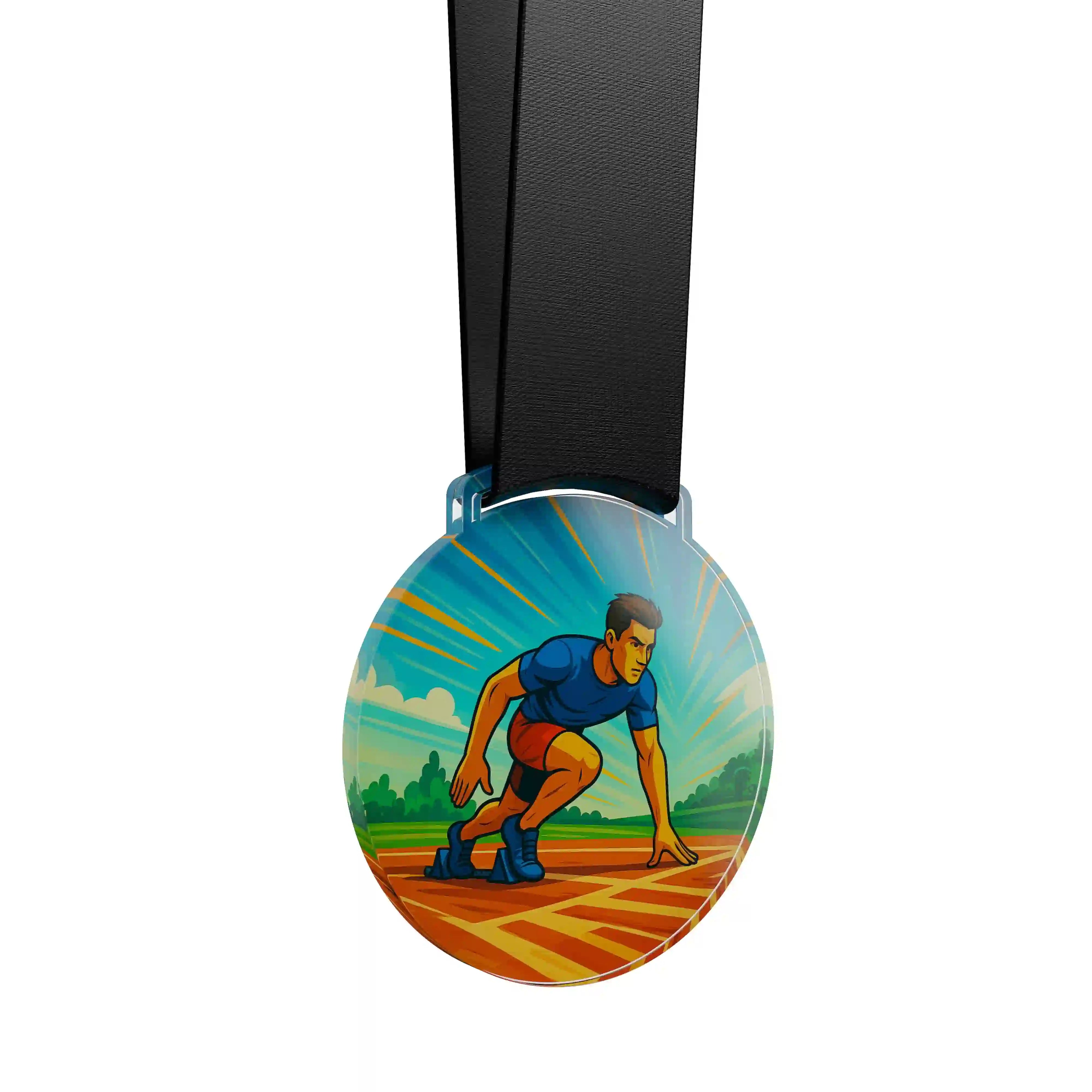 médaille en acrylique d'un homme sur le départ d'une course