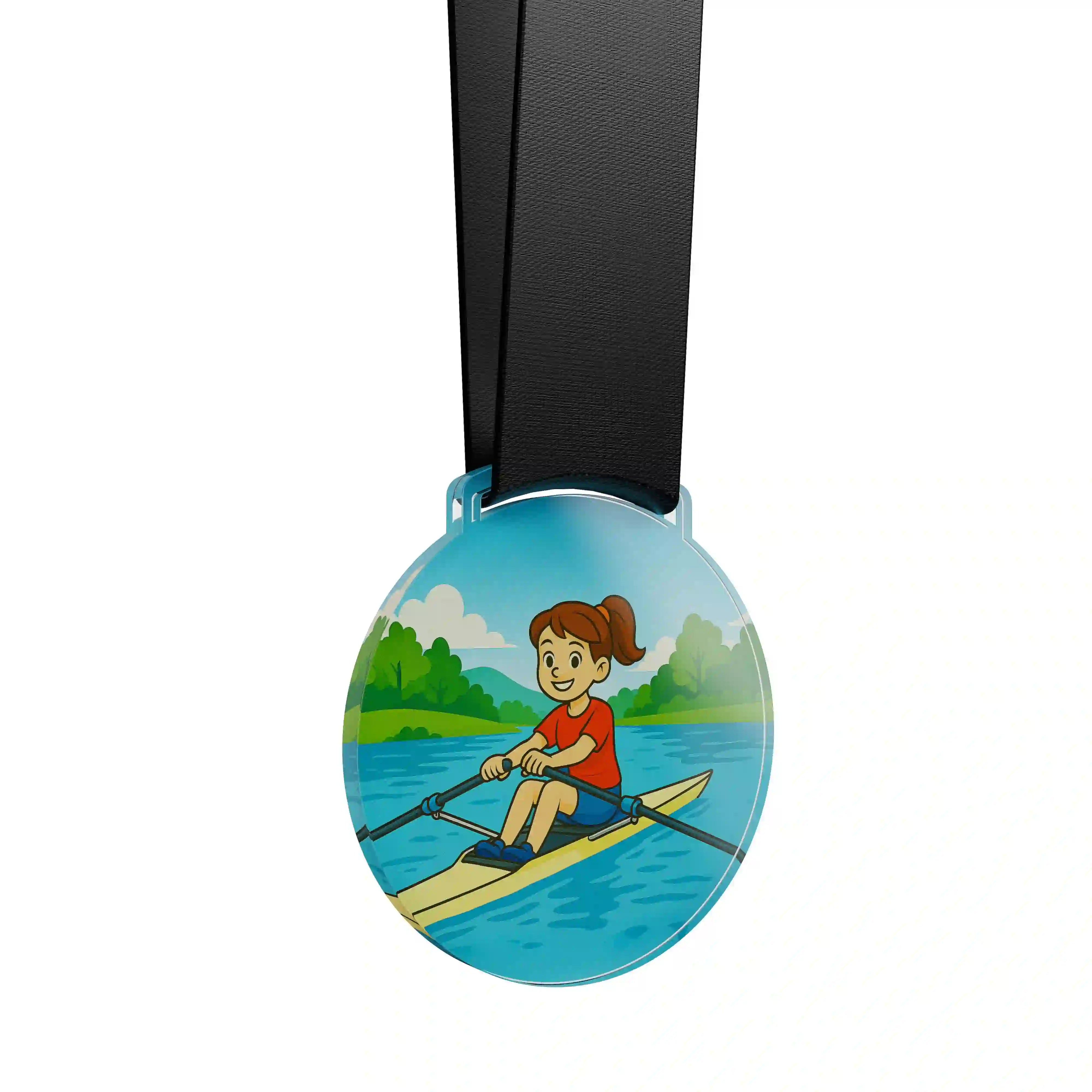médaille en acrylique d'une jeune fille faisant de l'aviron