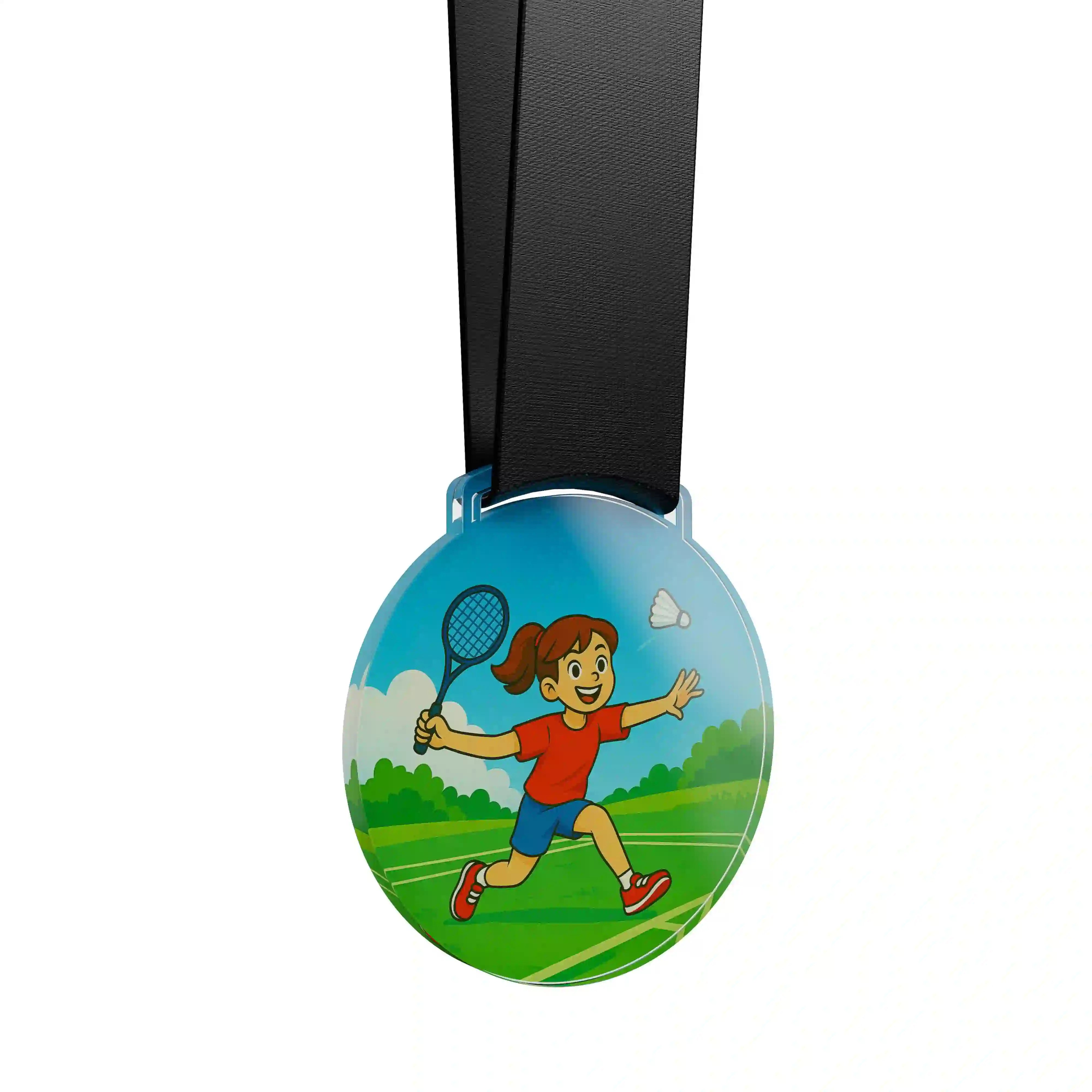 médaille acrylique d'une jeune fille faisant du badminton