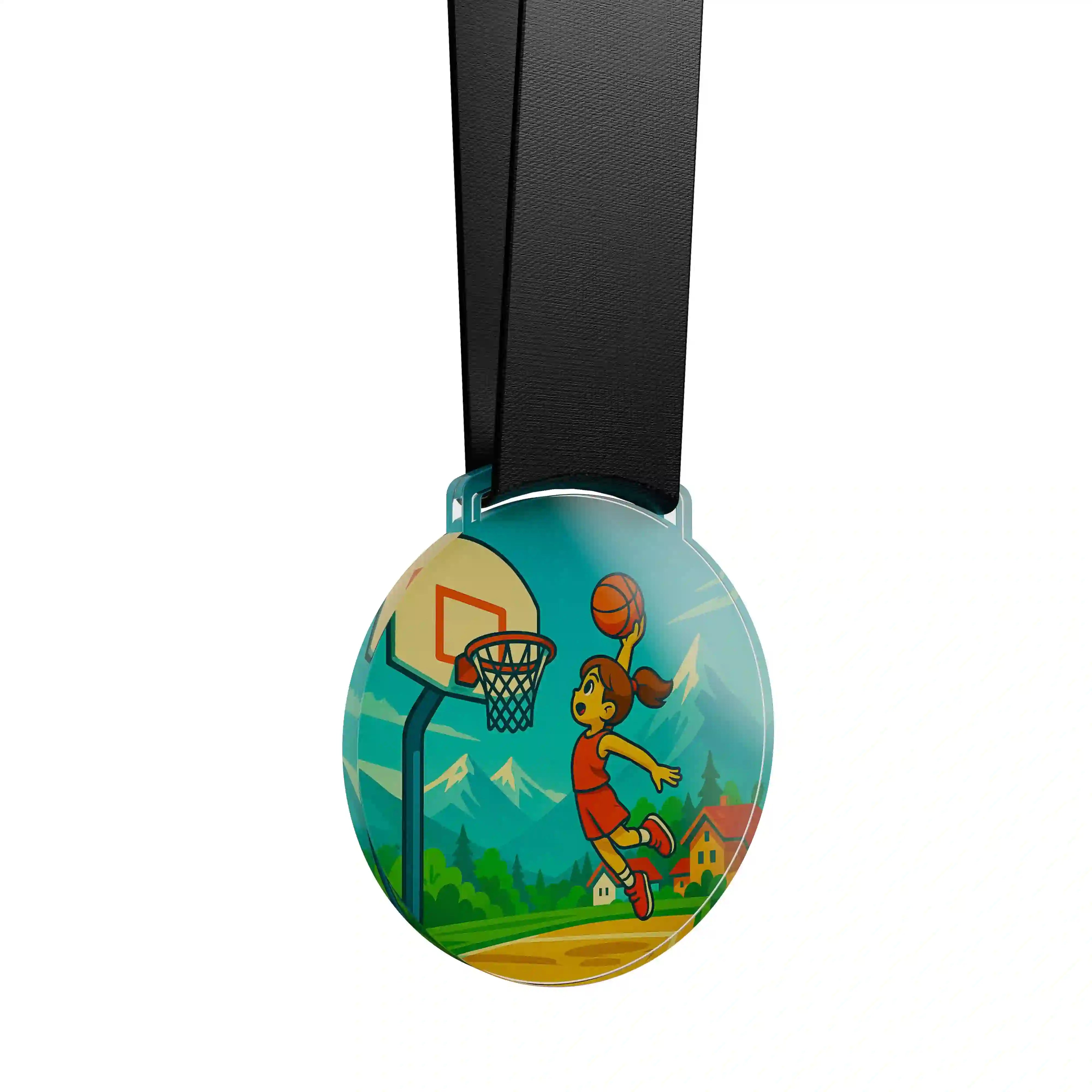 médaille acrylique d'une fille mettant un panier au basketball