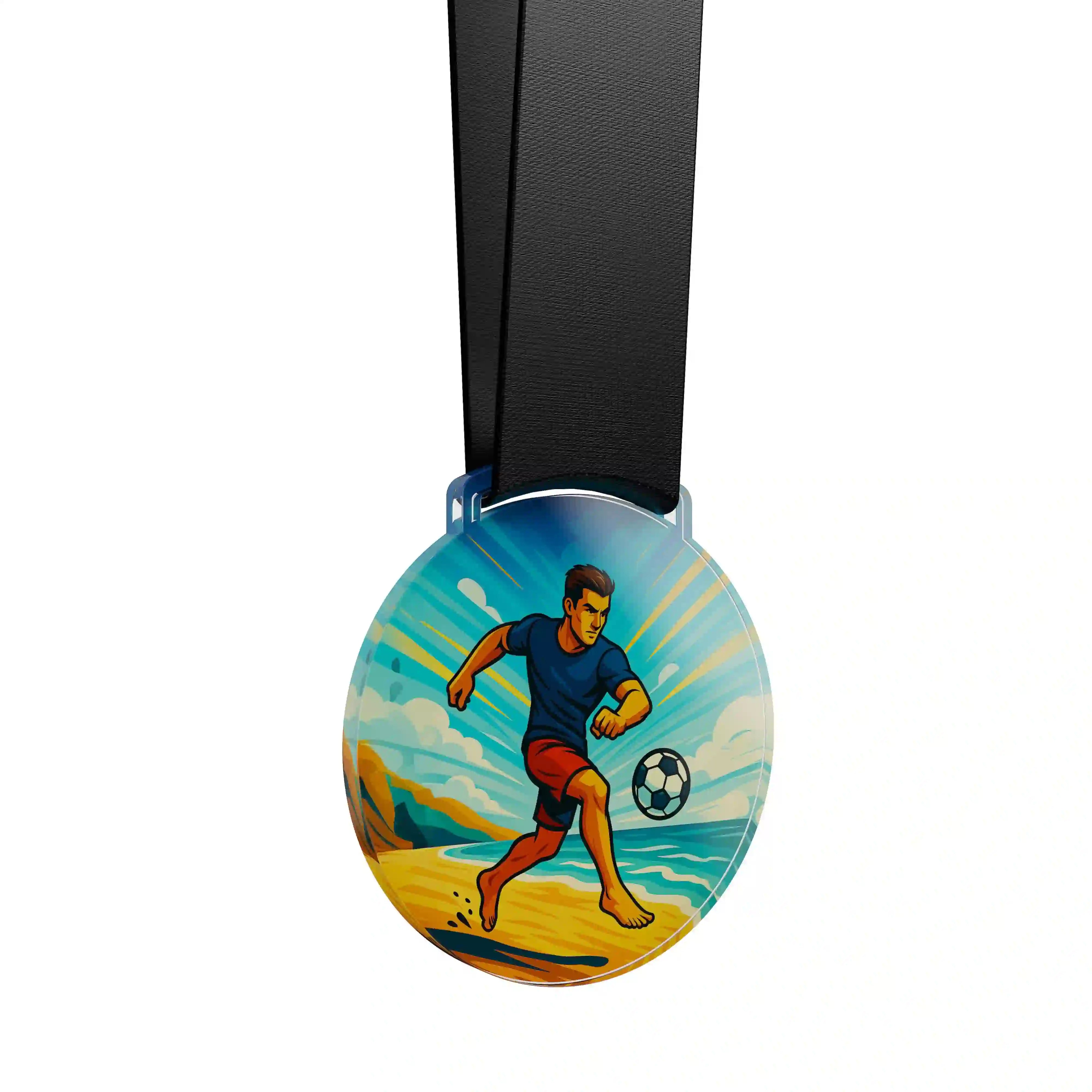 médaille en acrylique d'un homme faisant du beach soccer