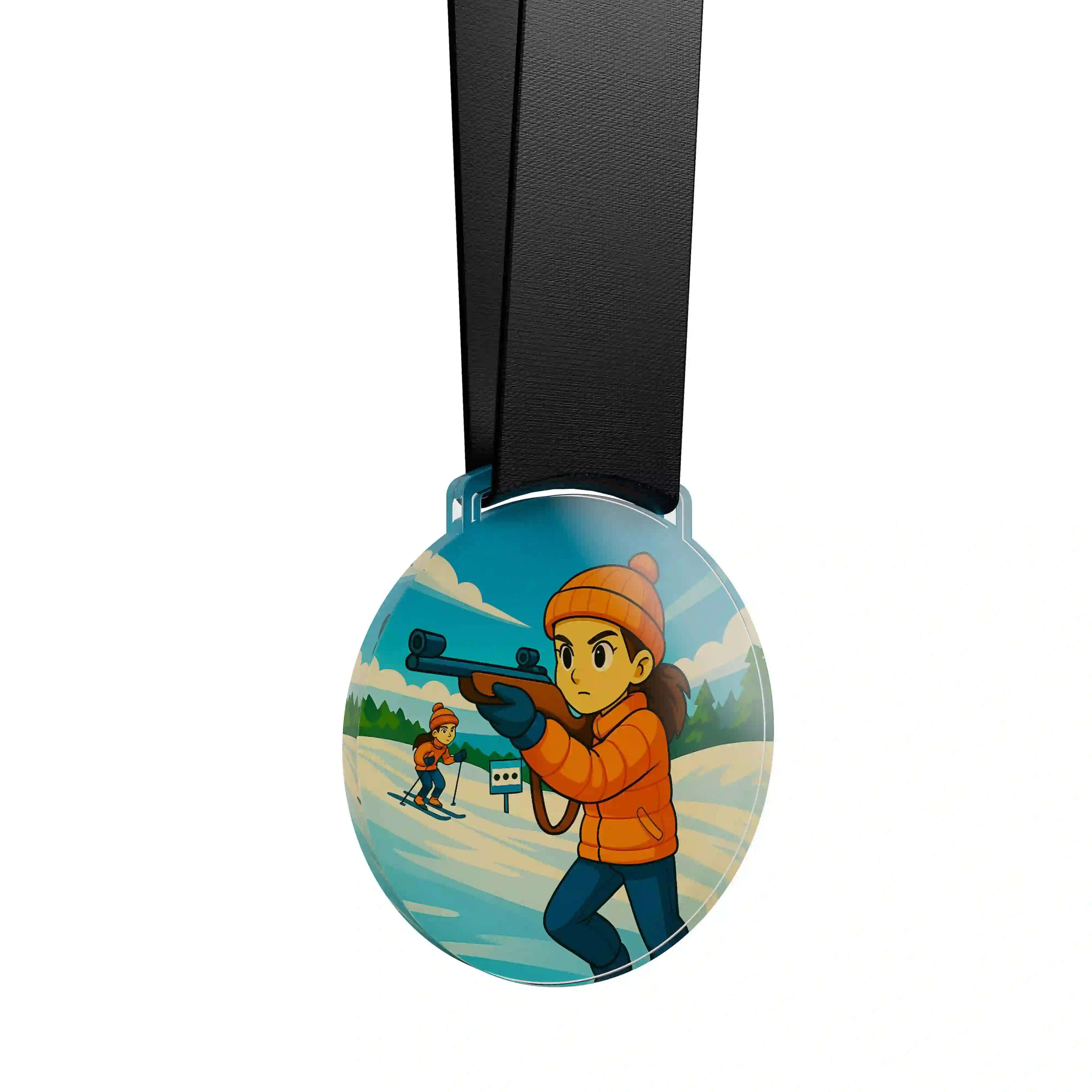 médaille acrylique d'une jeune fille faisant du biathlon