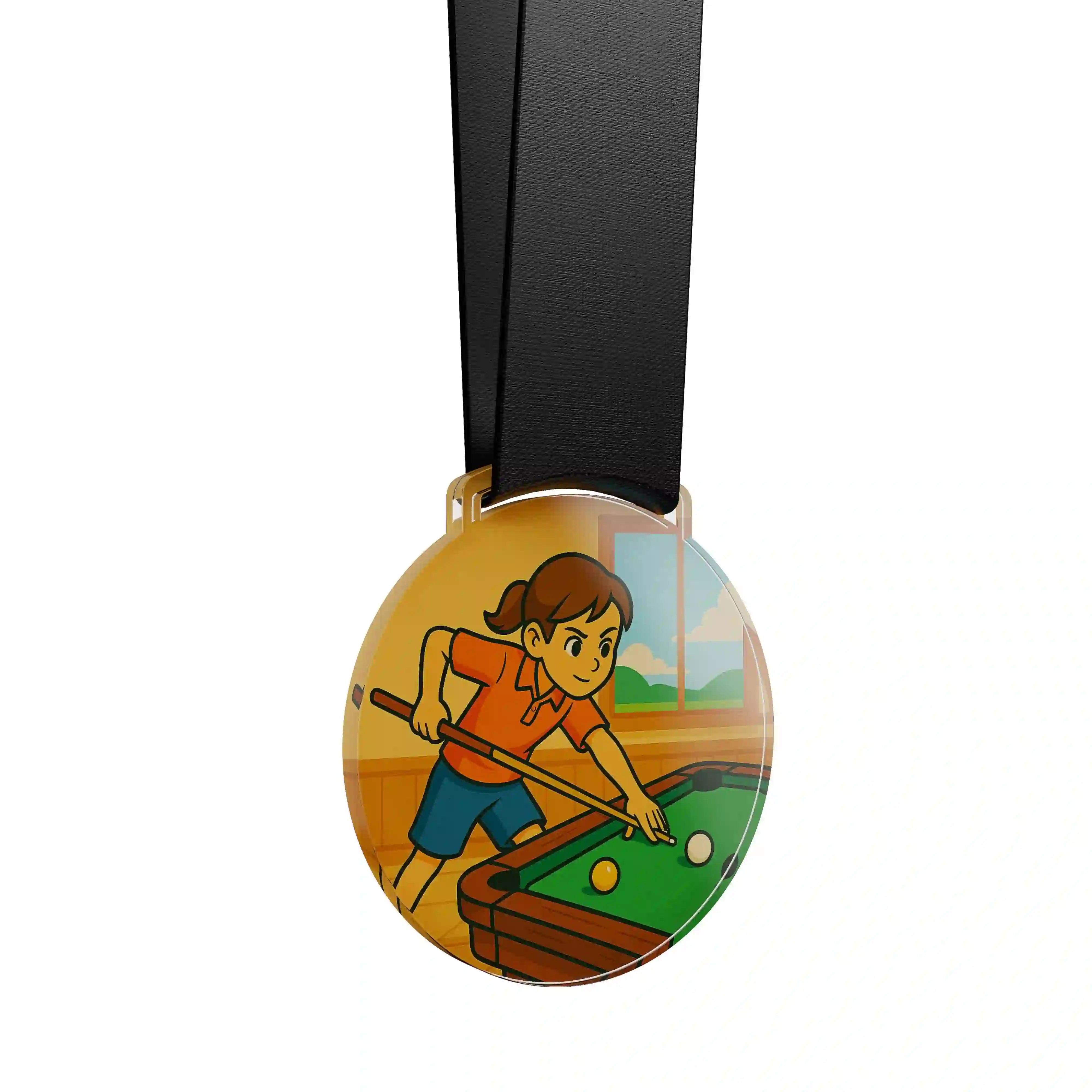 médaille acrylique d'une jeune fille jouant au billard