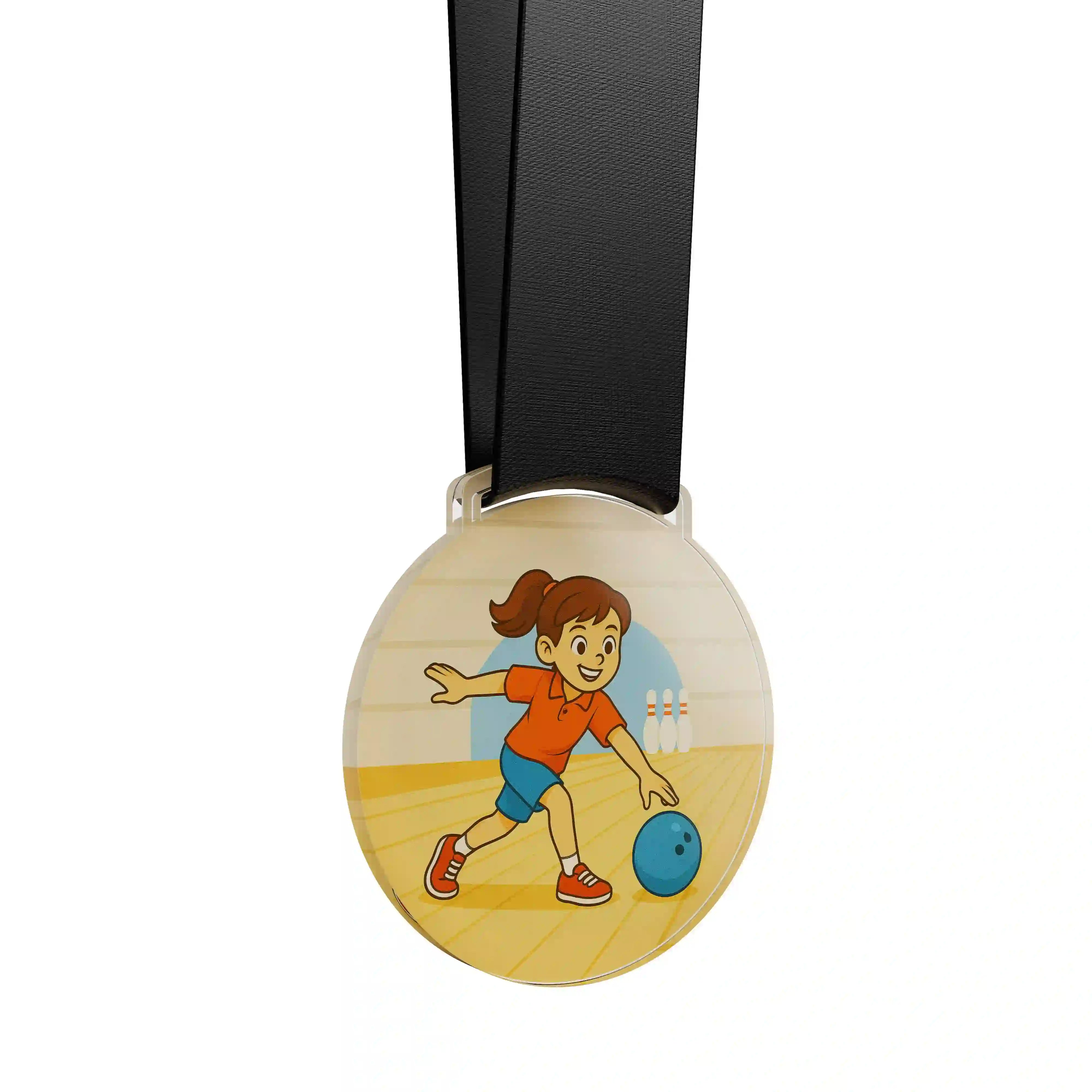 médaille acrylique d'une jeune fille jouant au bowling