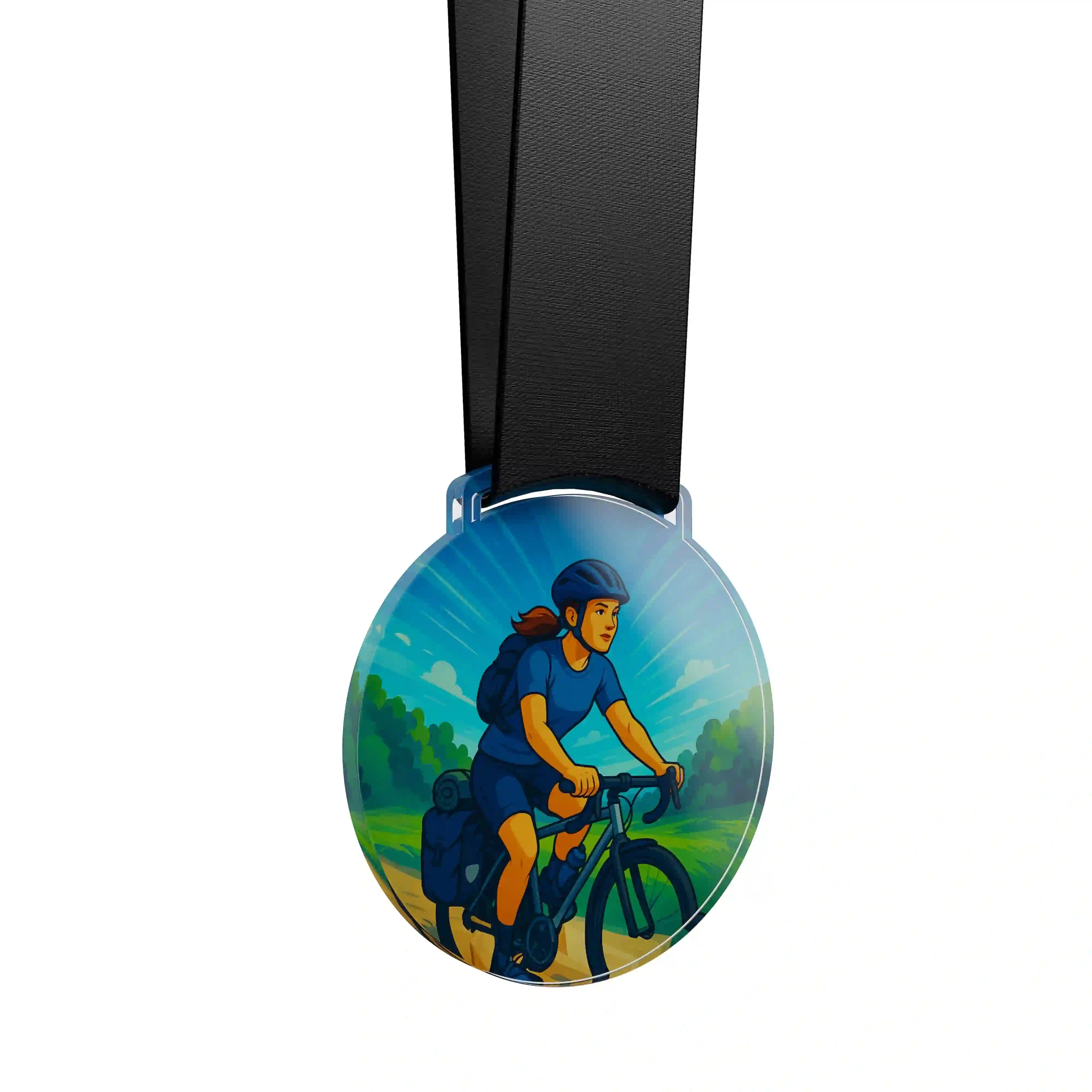 médaille en acrylique d'une femme faisant du cyclotourisme