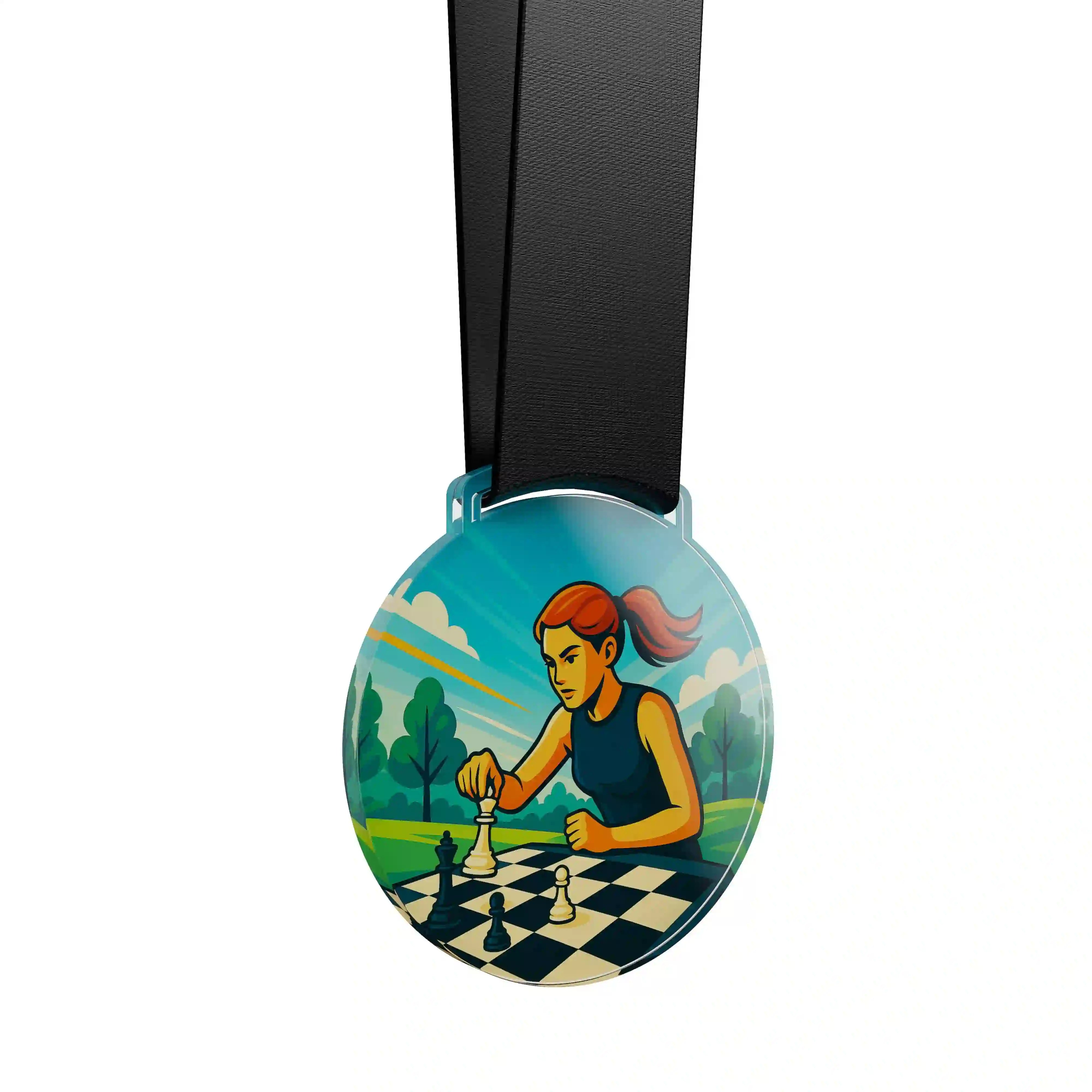 médaille acrylique d'une femme faisant des échecs