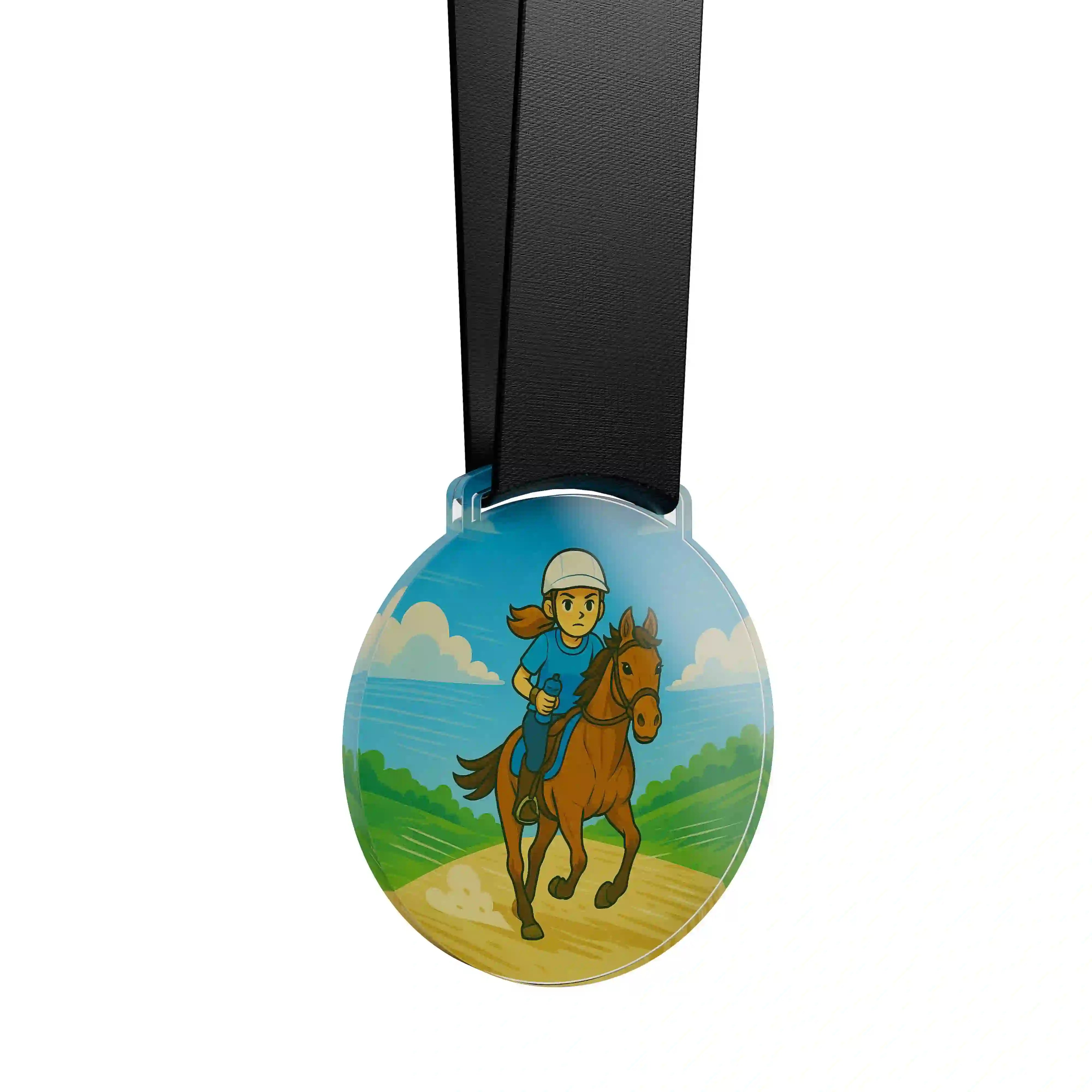 médaille acrylique d'une jeune fille faisant de l’équestre endurance