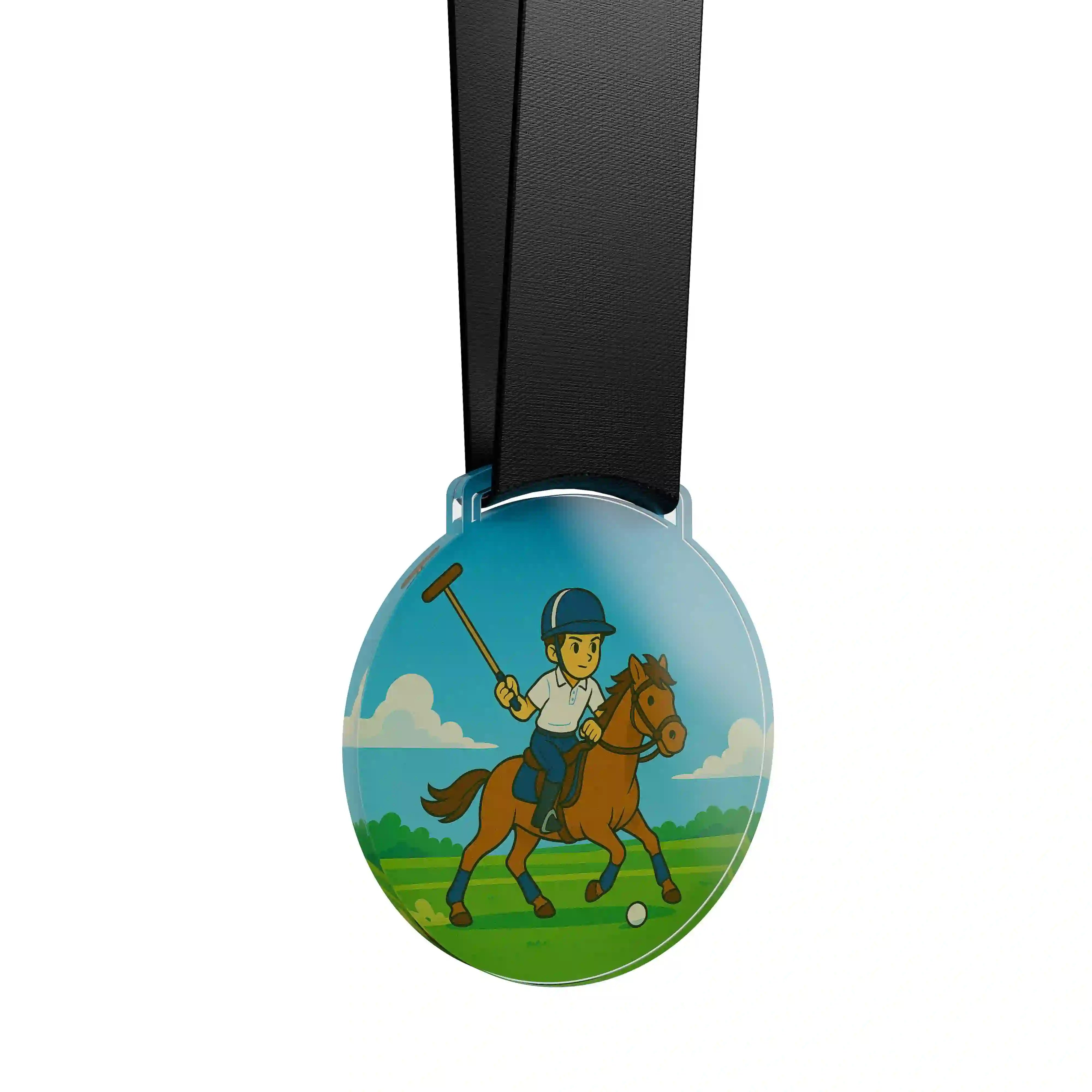 médaille acrylique d'un jeune garçon faisant de l’équestre polo