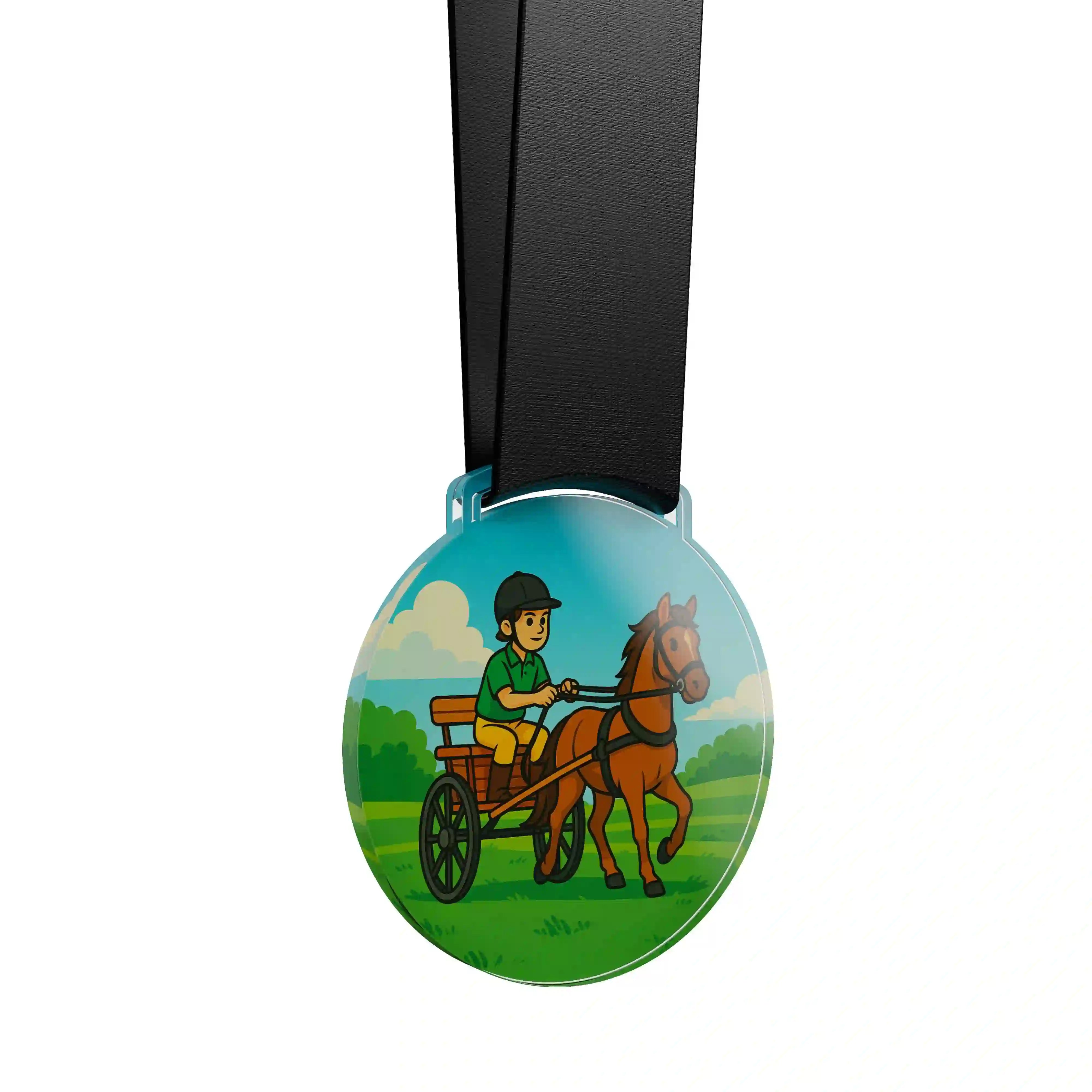 médaille acrylique d'un jeune garçon faisant de l’équestre attelage