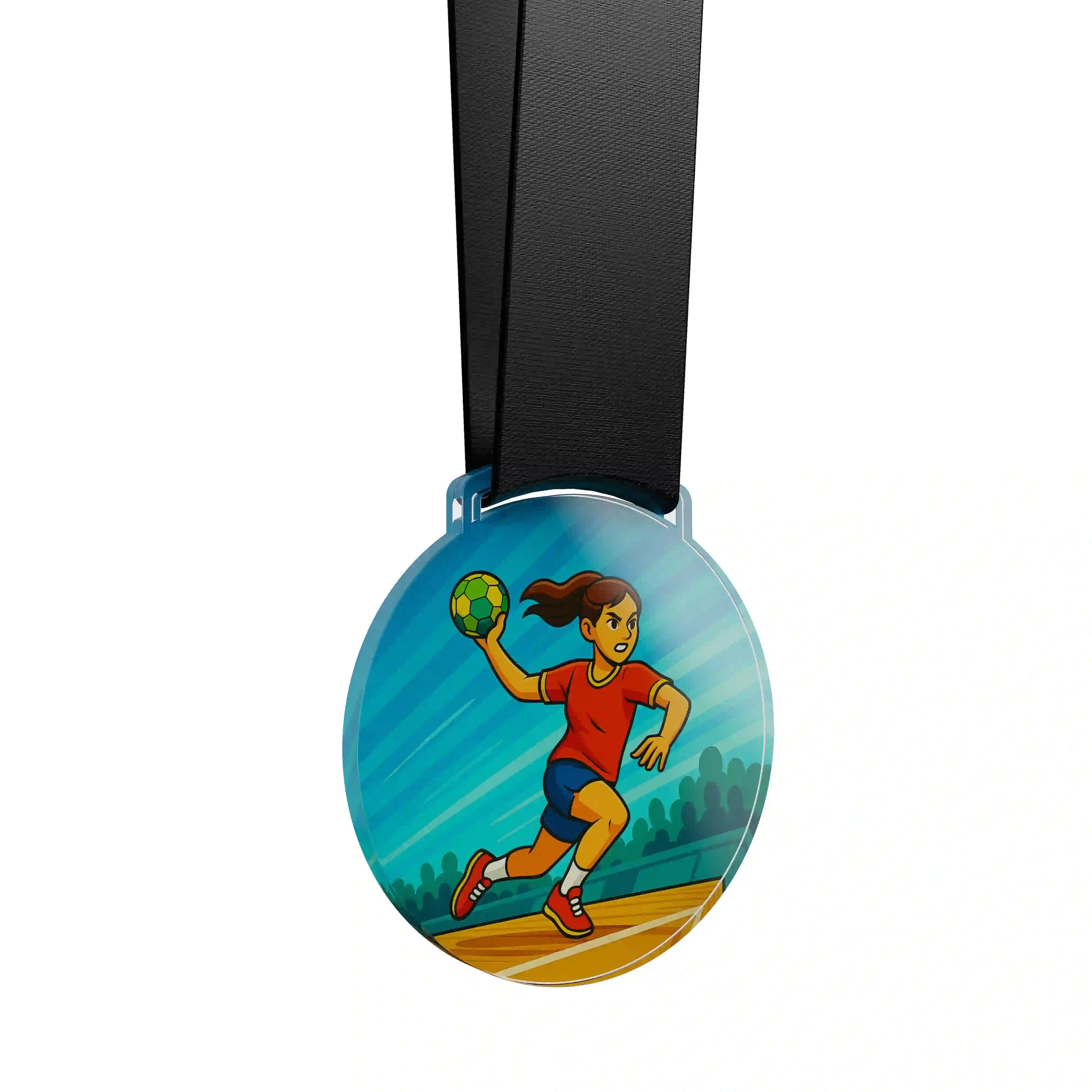 médaille acrylique d'une jeune femme faisant du handball