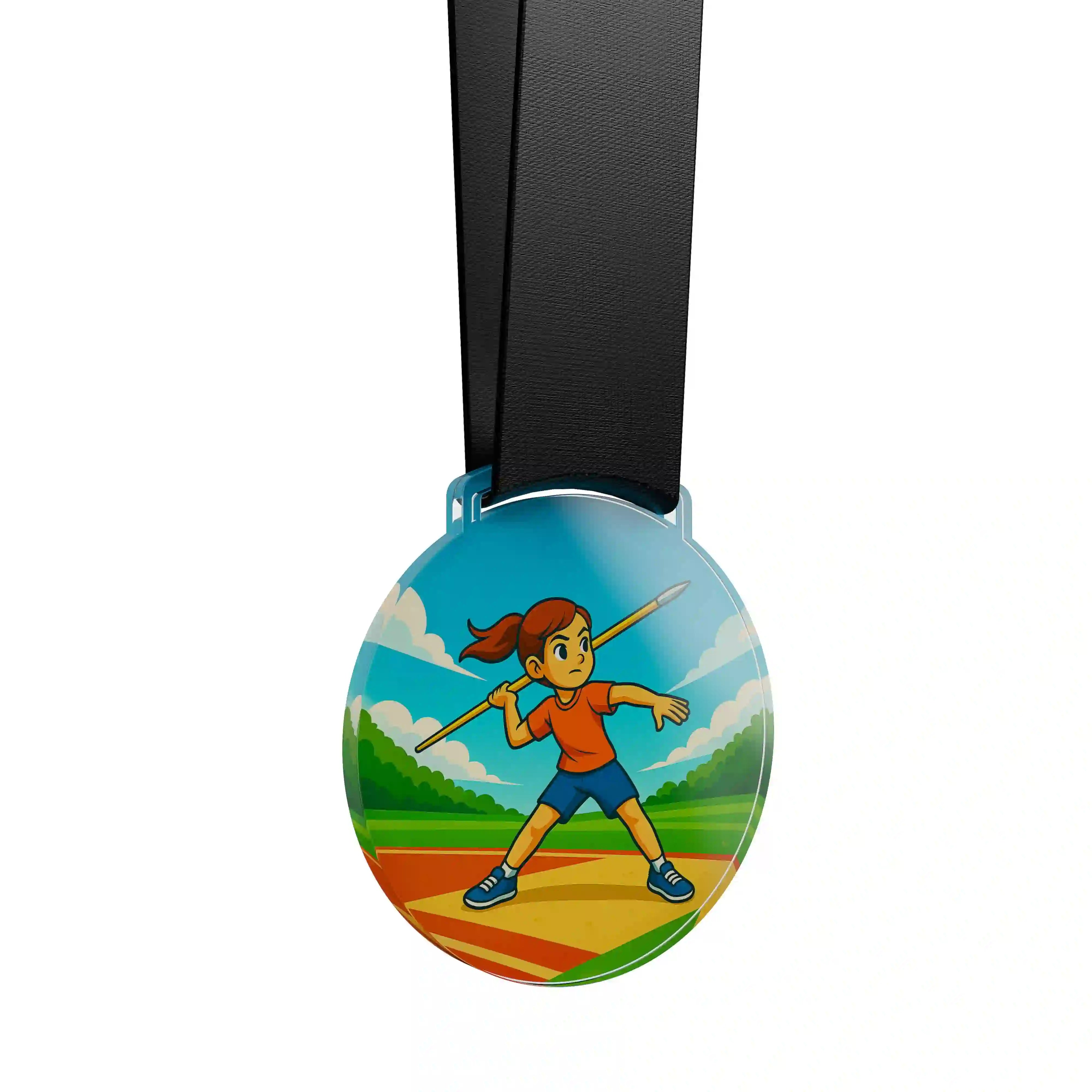 médaille acrylique d'une jeune fille faisant du javelot