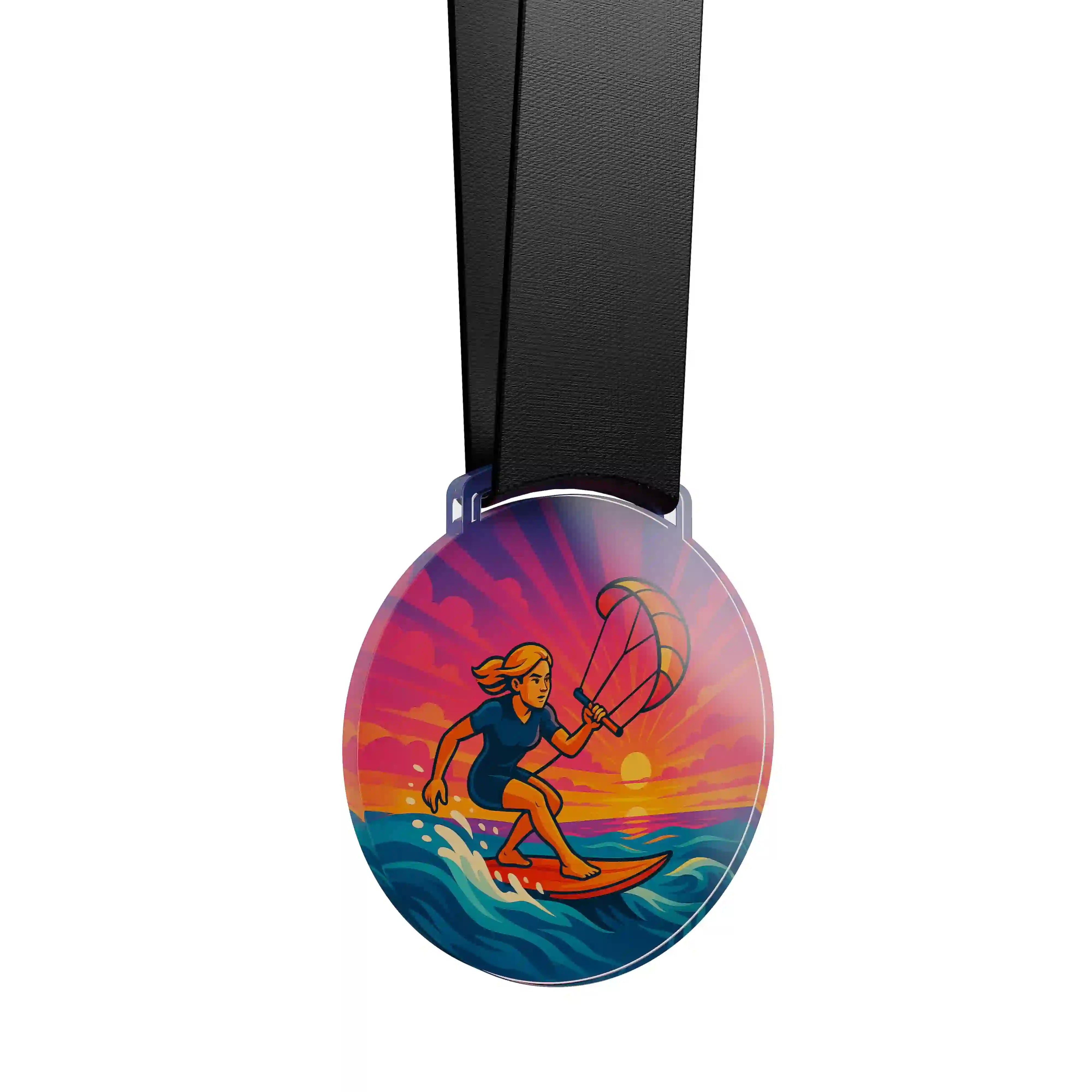 médaille acrylique d'une femme faisant du kitesurf