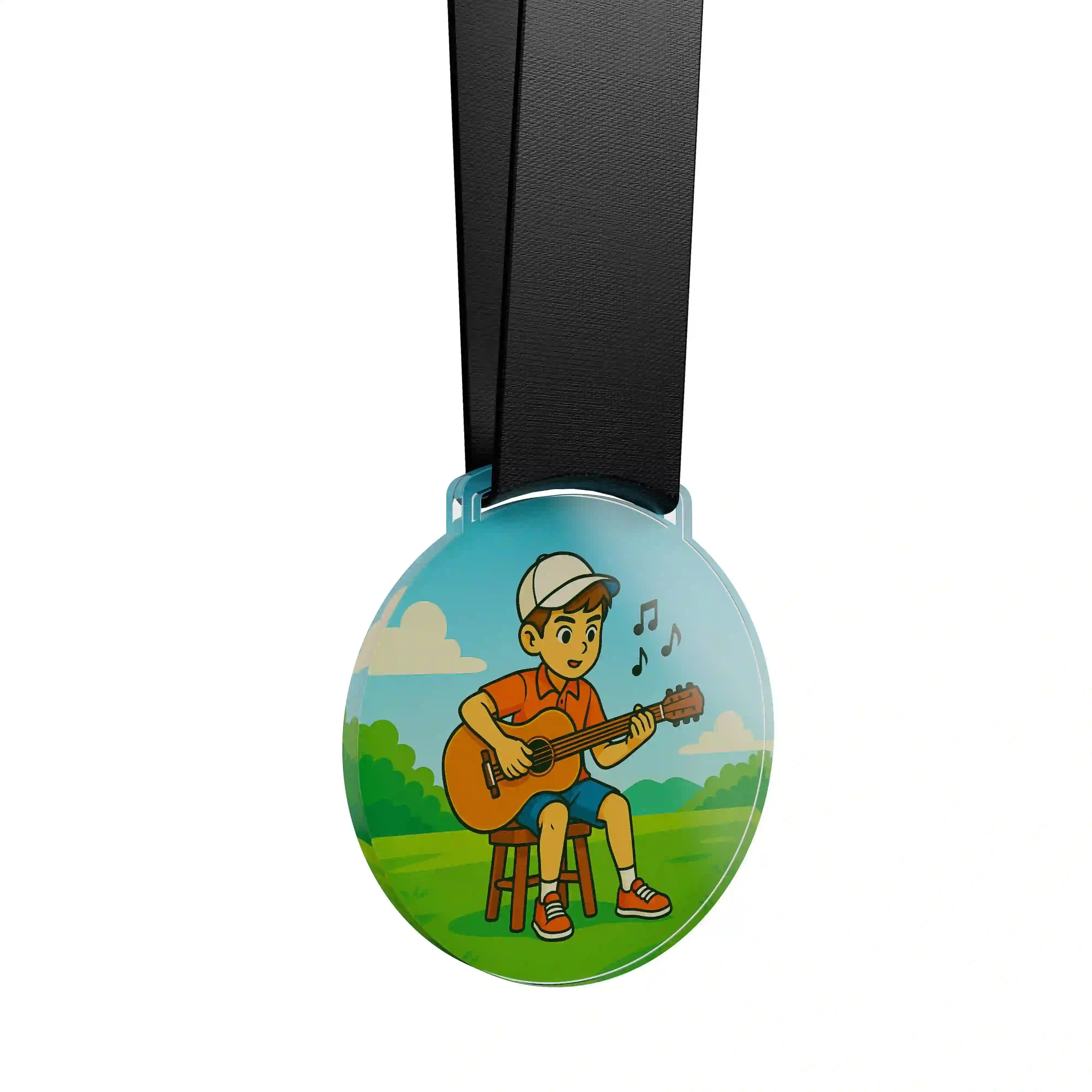 médaille acrylique d'un jeune garçon faisant de la musique