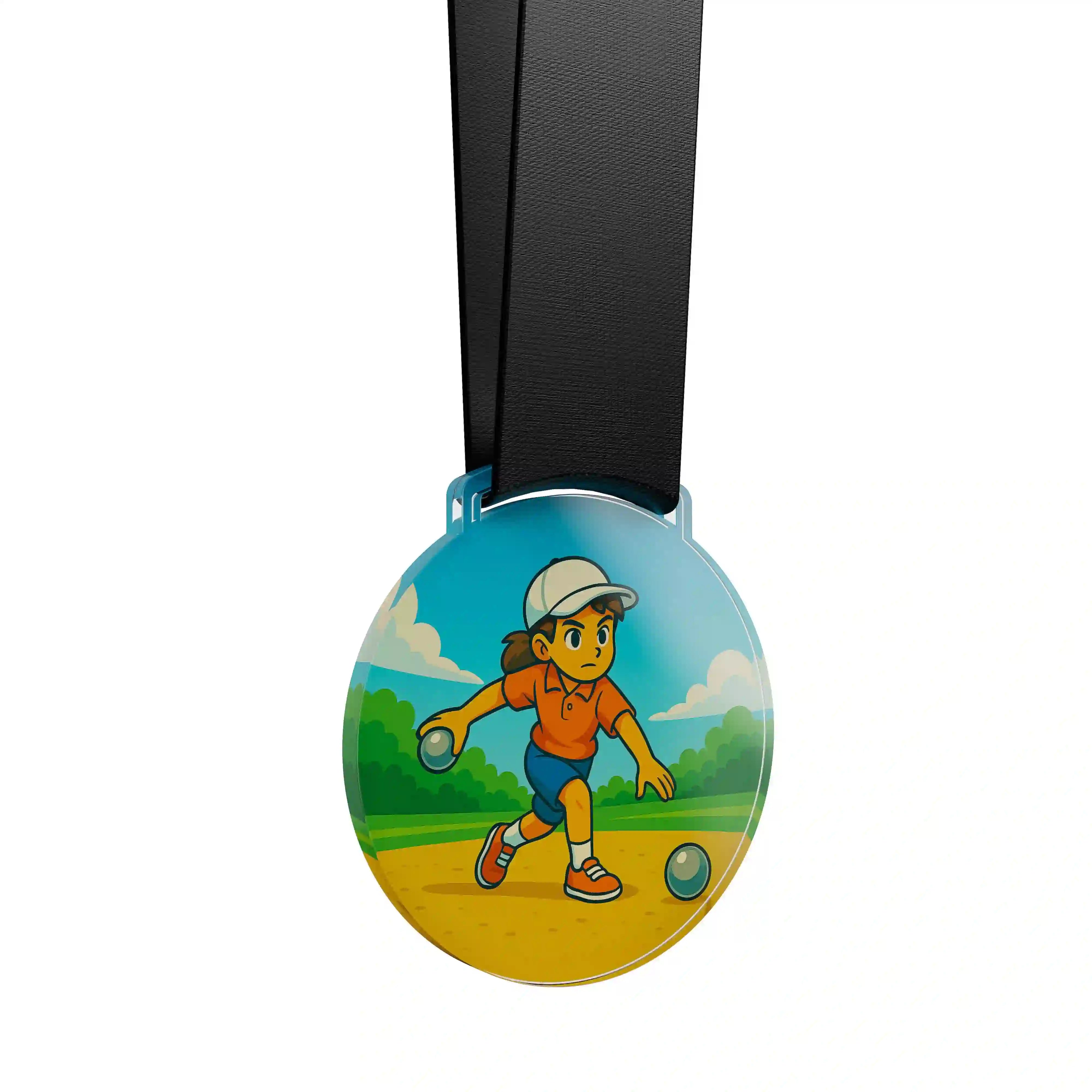 médaille acrylique d'un jeune garçon faisant de la pétanque