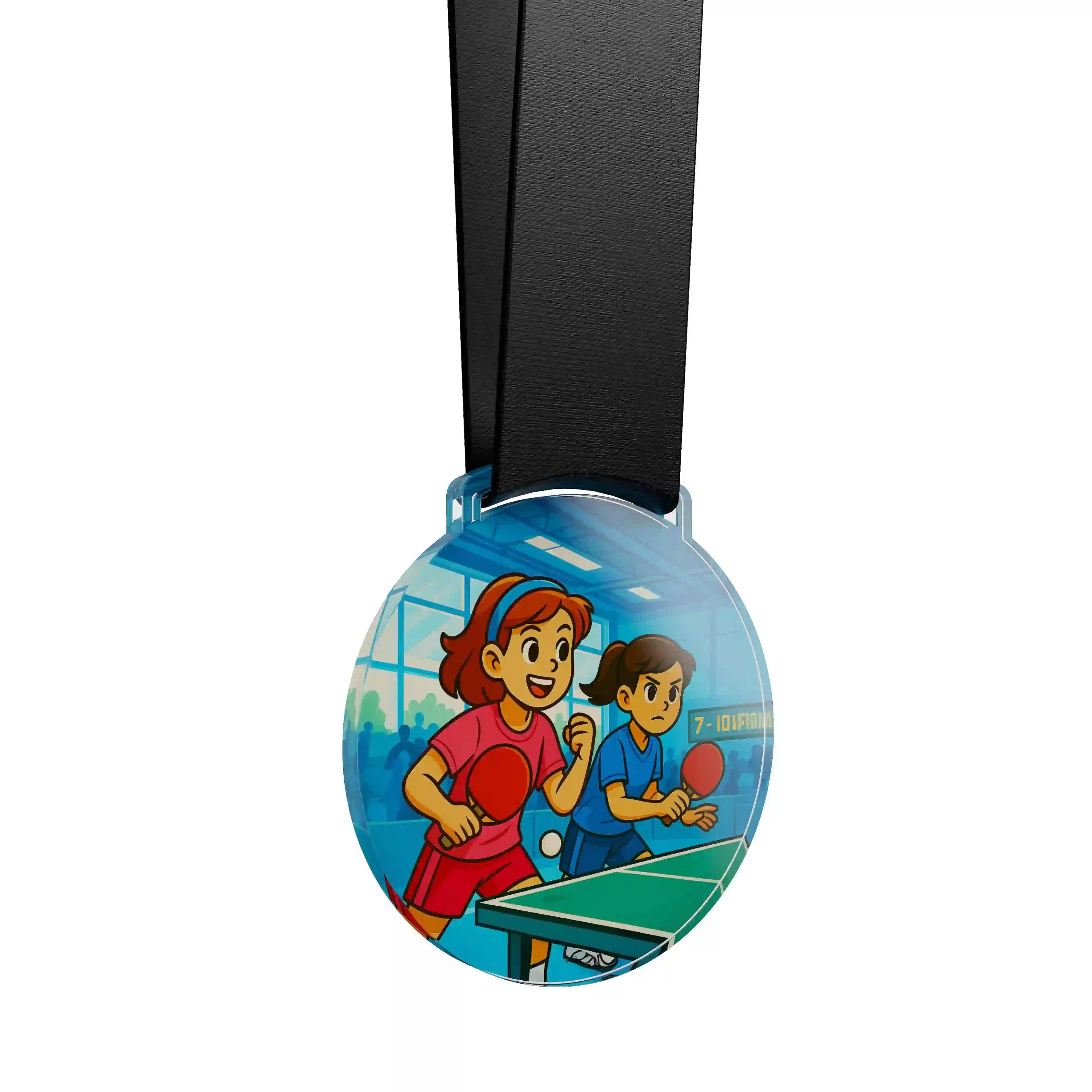 médaille acrylique de deux jeunes filles faisant du ping pong