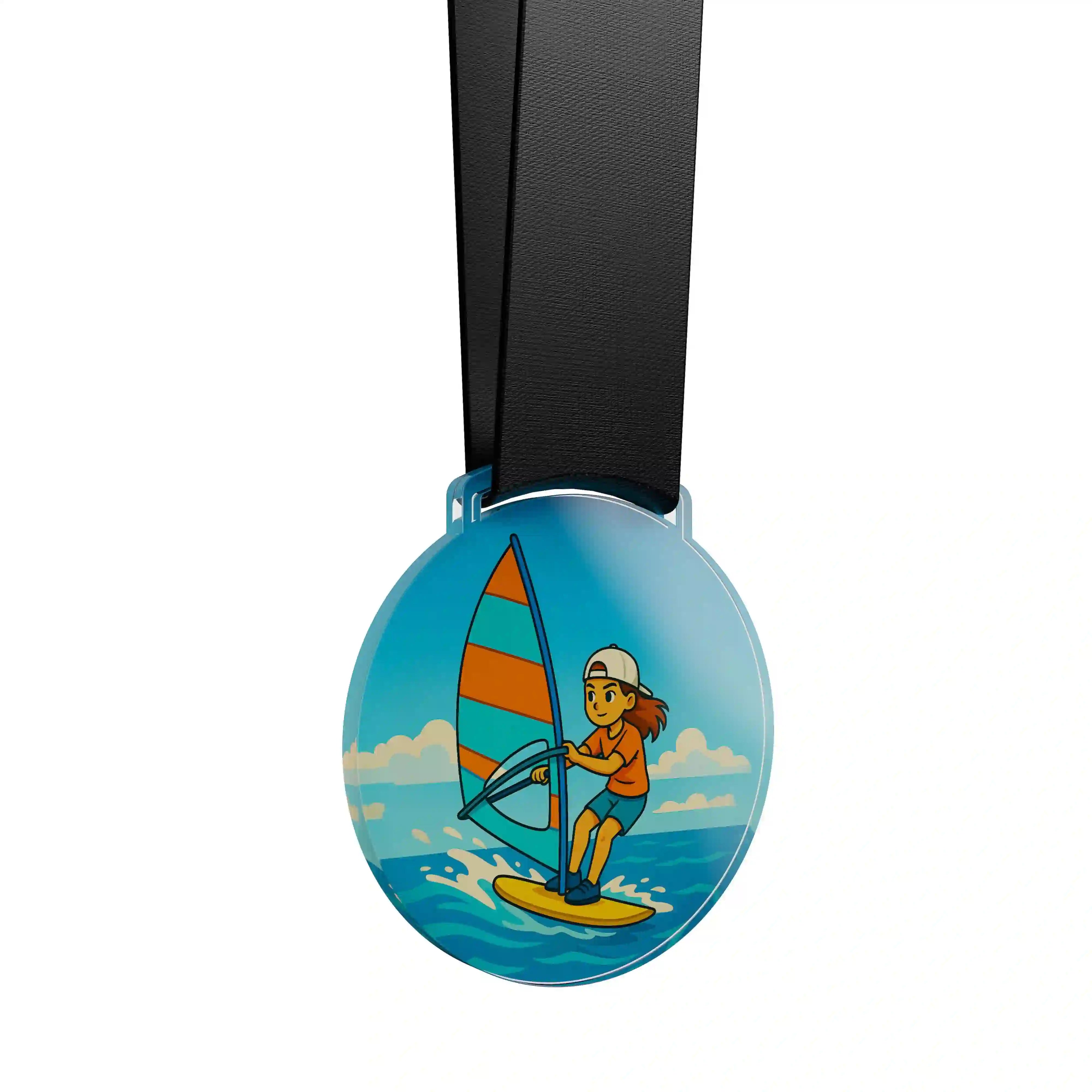 médaille acrylique d'une jeune fille faisant de la planche à voile