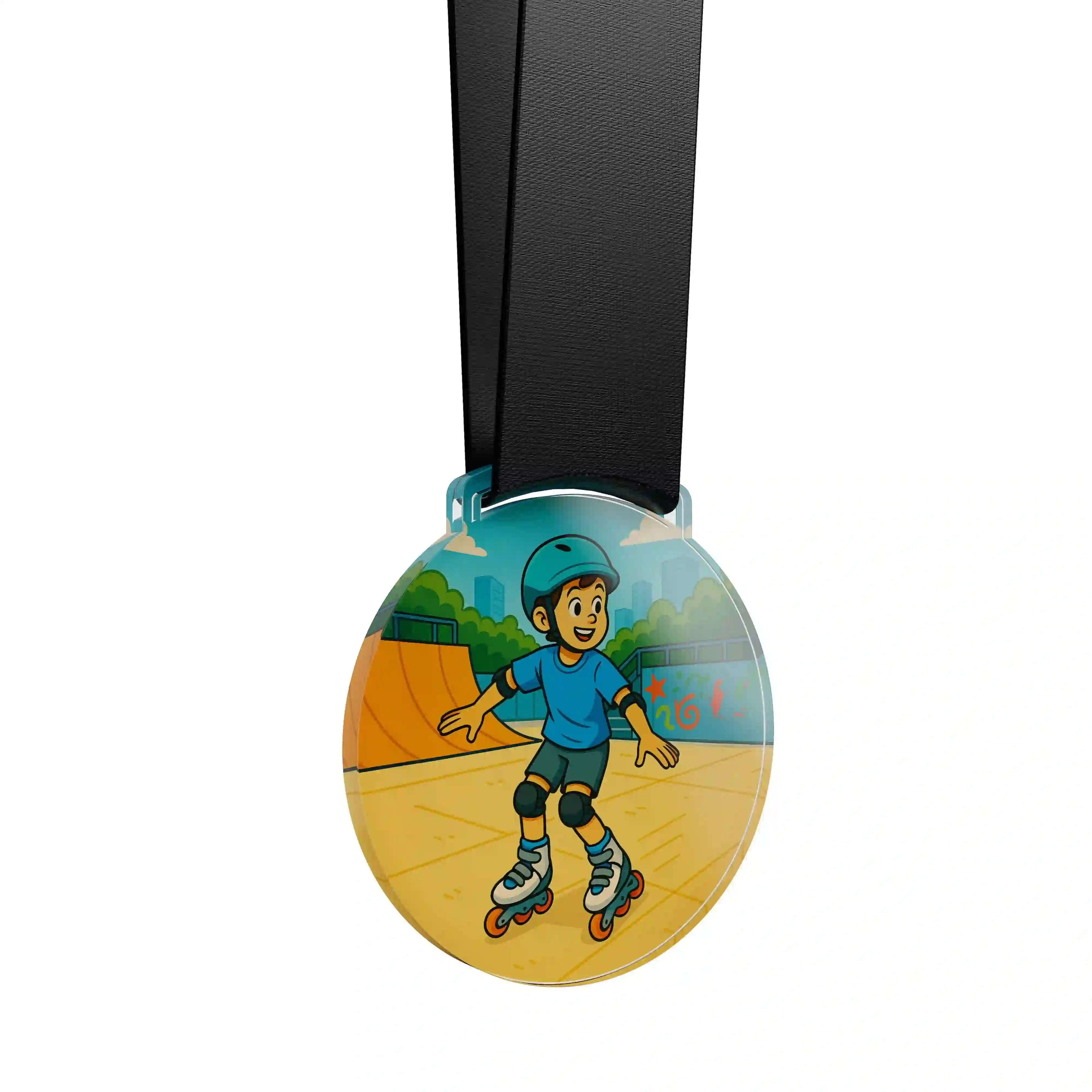 médaille acrylique d'un jeune garçon faisant du roller