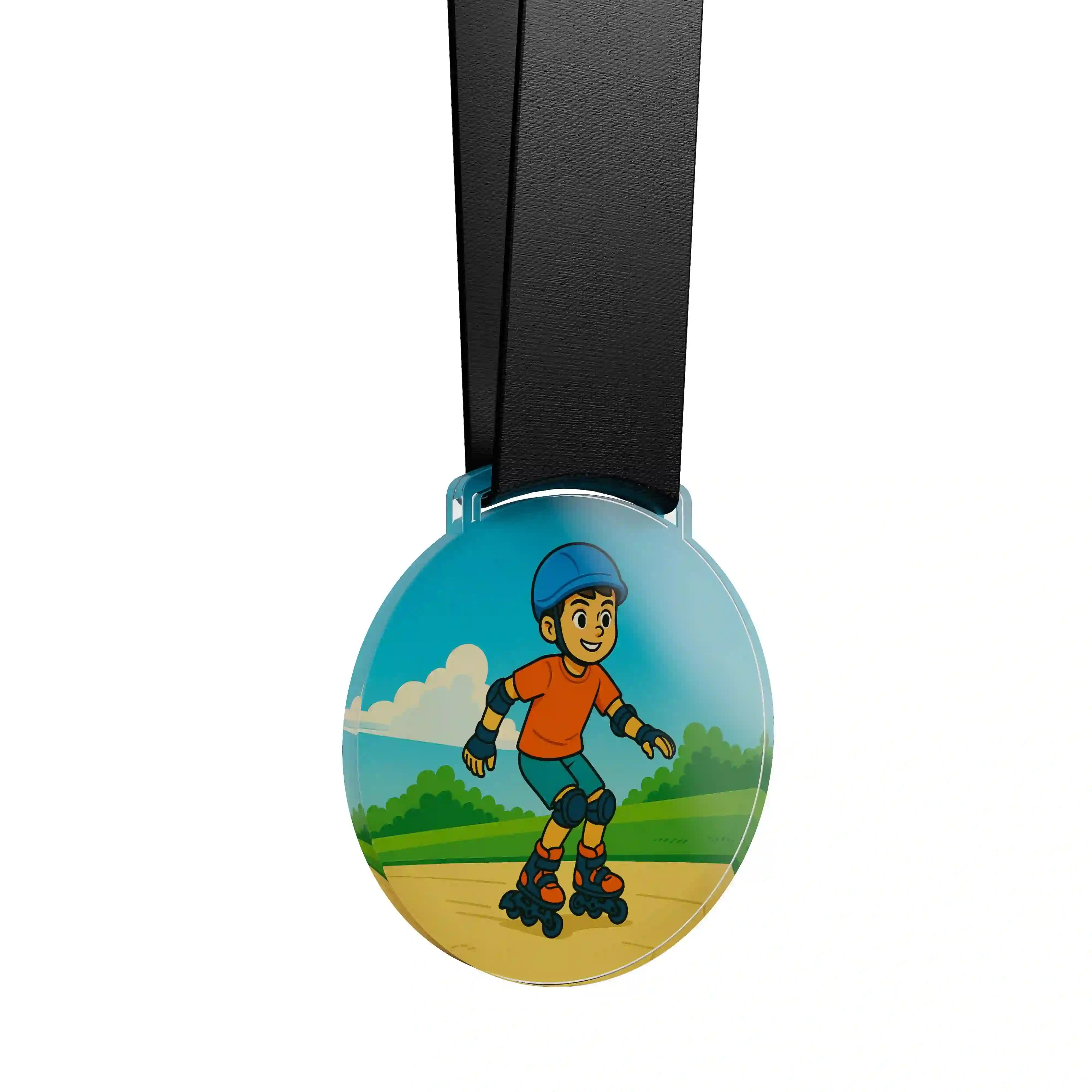 médaille acrylique d'un jeune garçon faisant du roller