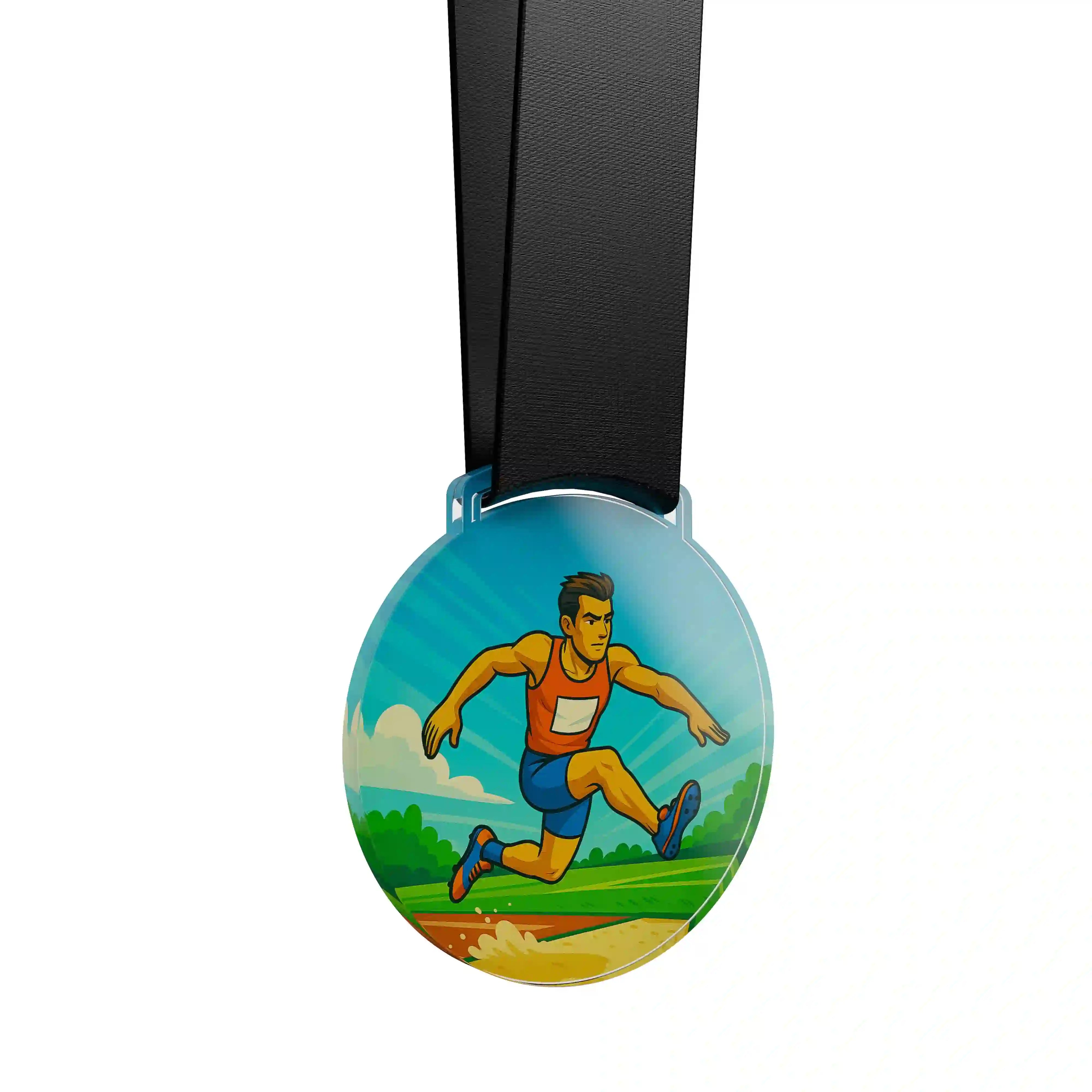 médaille acrylique d'un homme faisant du saut en longueur