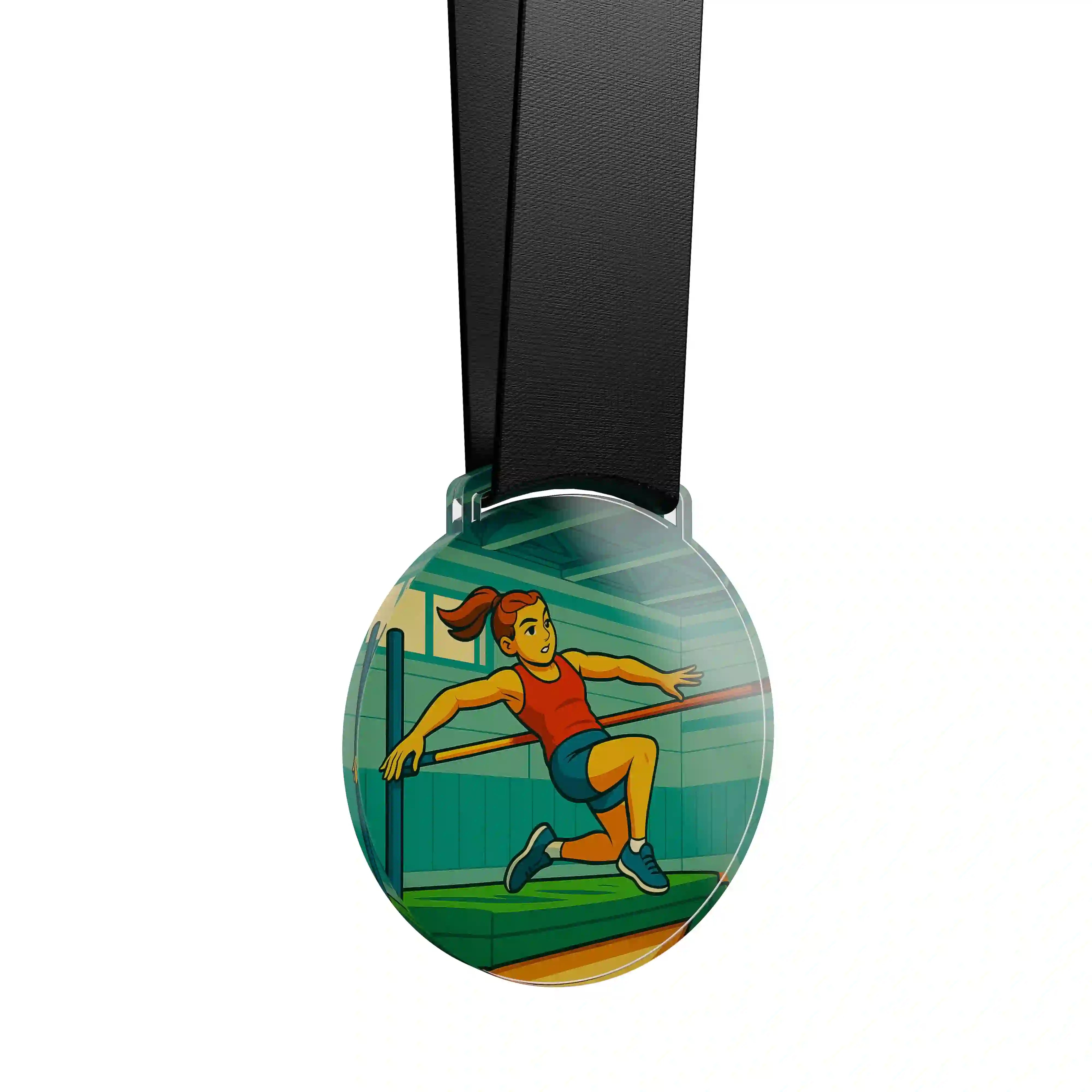 médaille acrylique d'une femme faisant du saut en hauteur