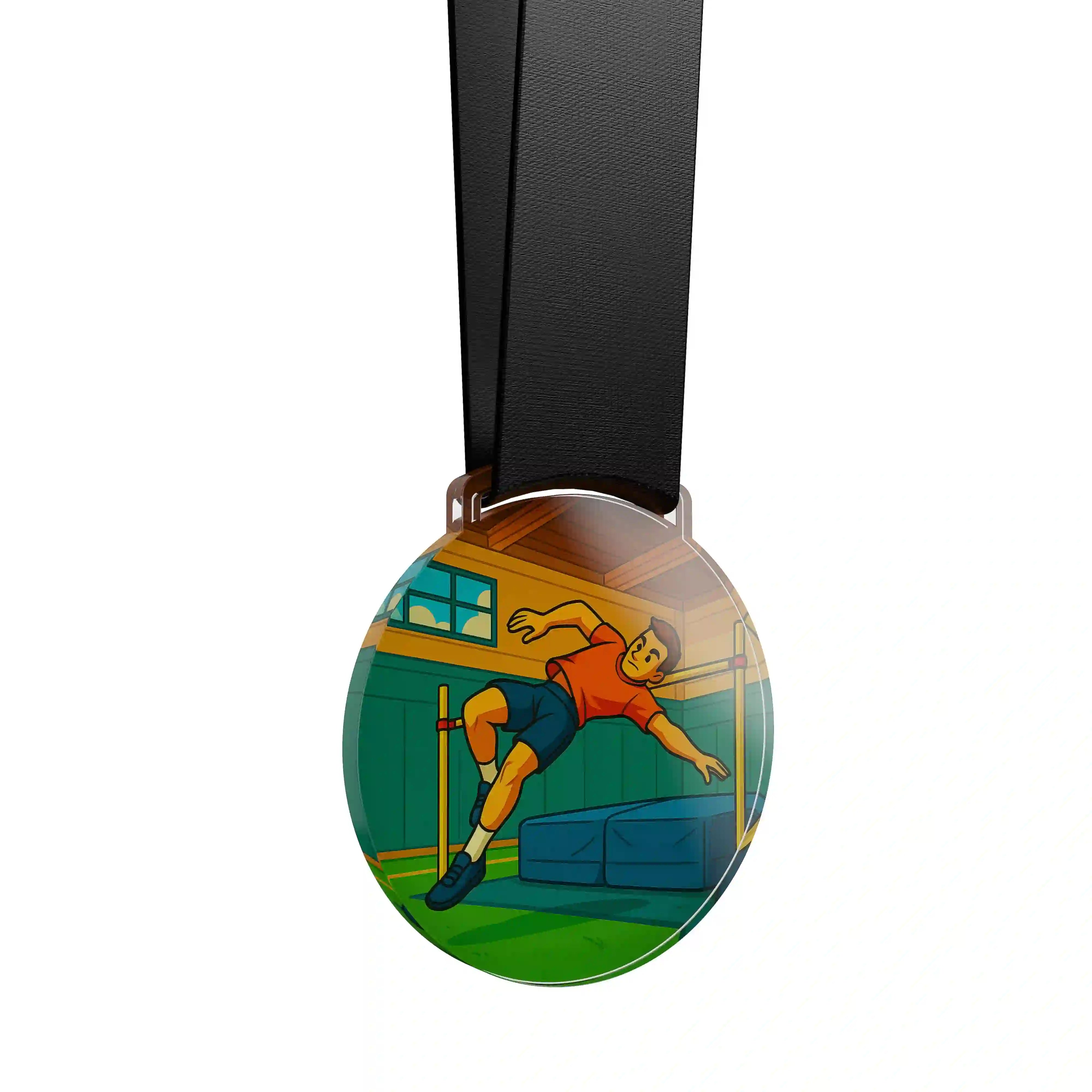 médaille en acrylique d'un homme faisant du saut en hauteur