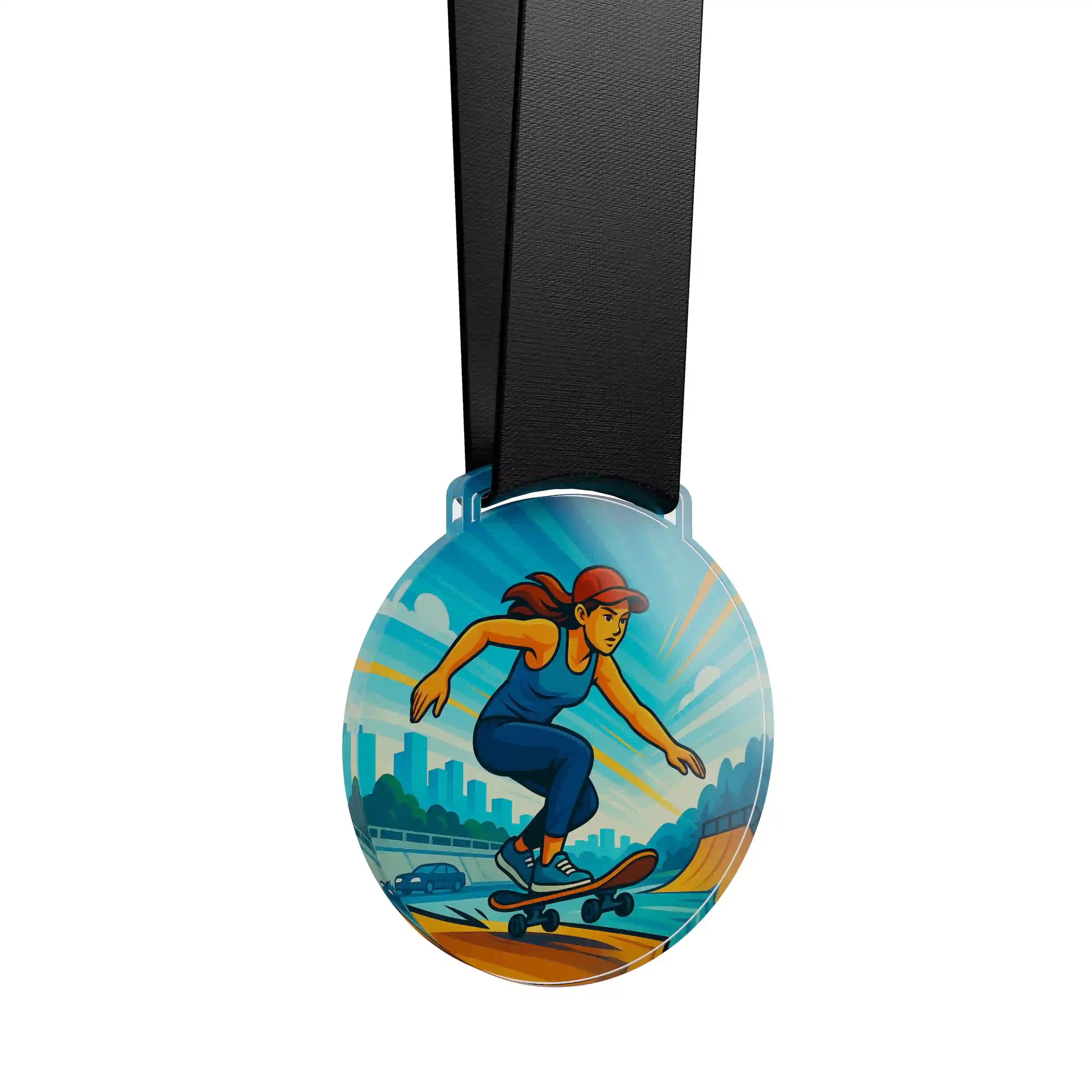 médaille acrylique d'une femme faisant du skate