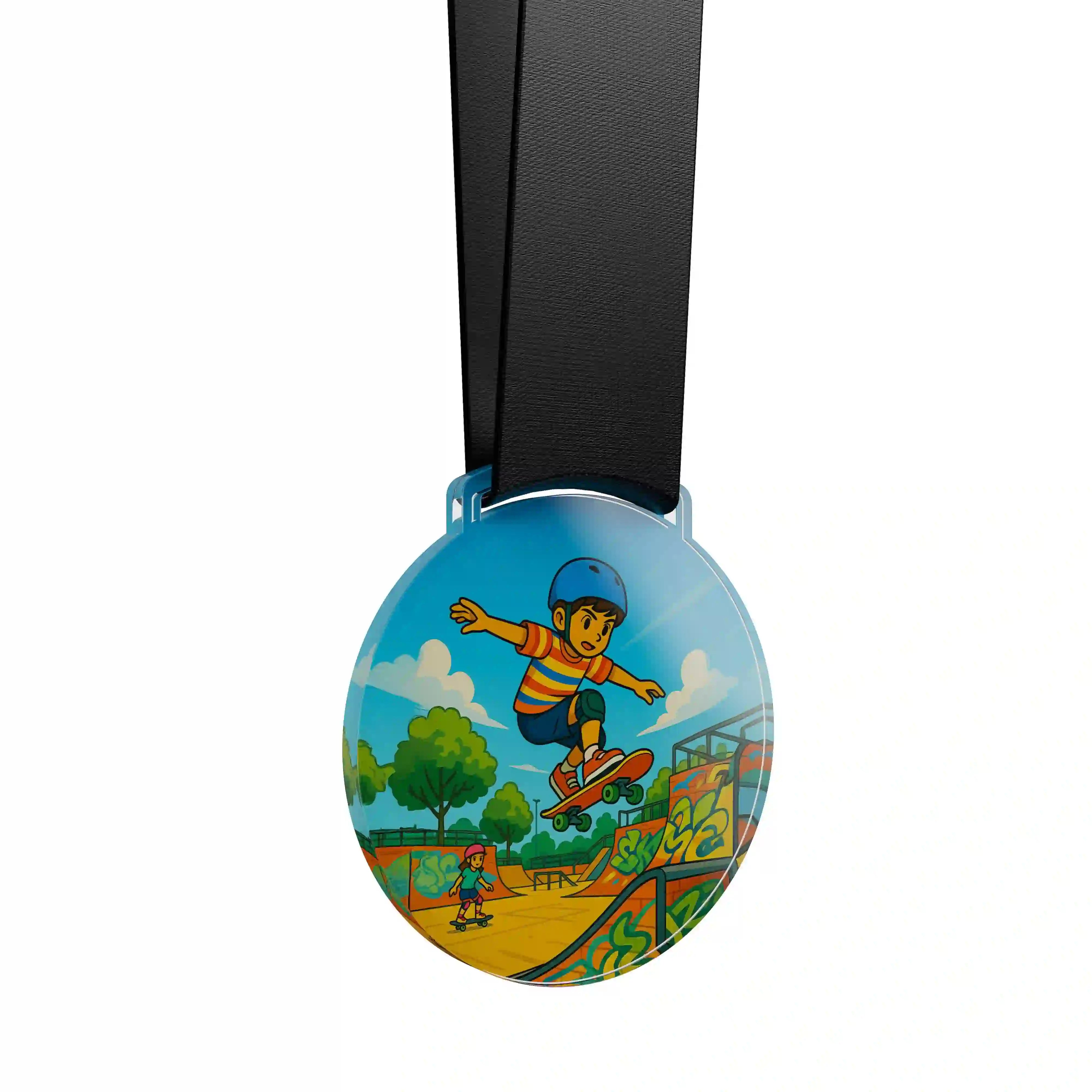 médaille acrylique d'un jeune garçon faisant du skate