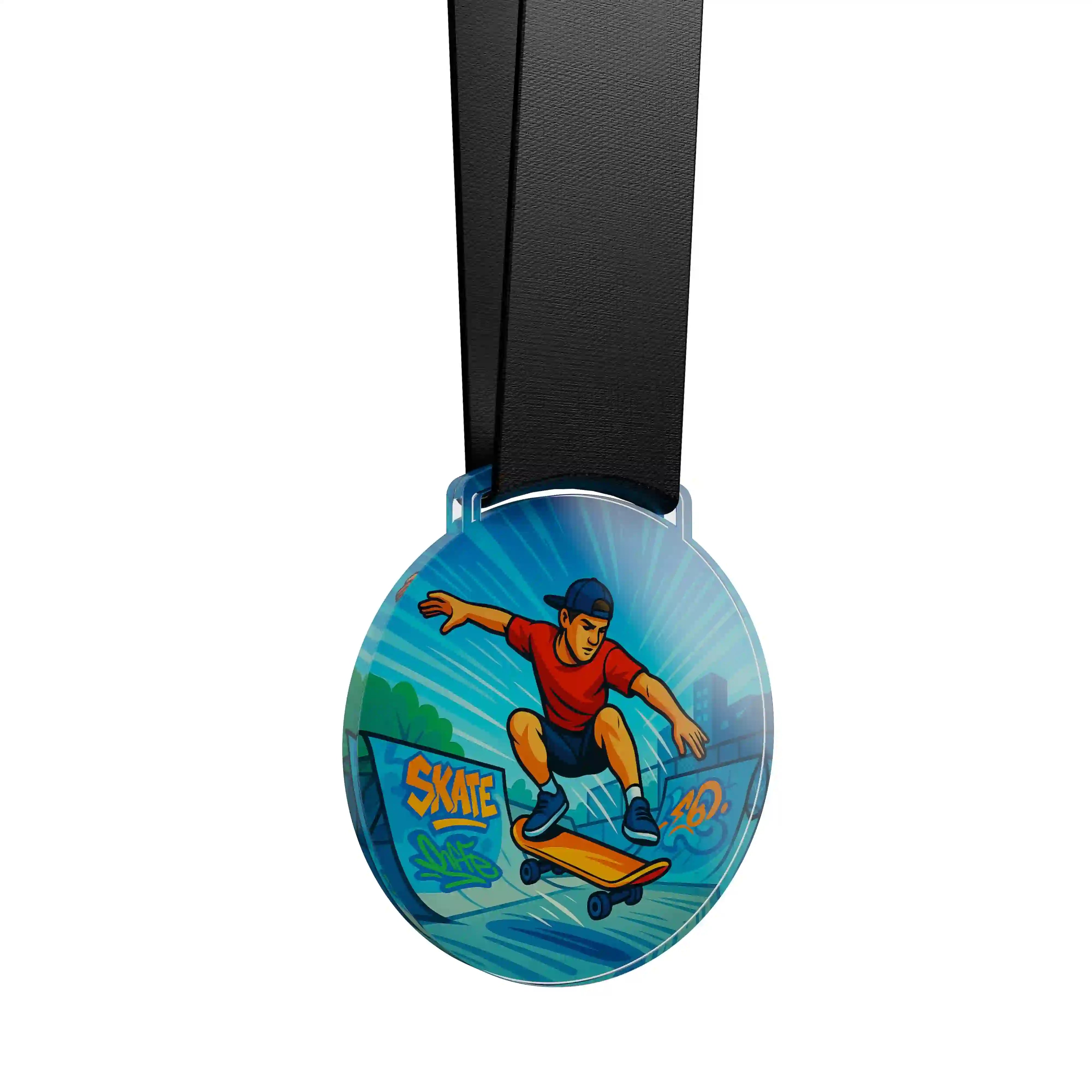 médaille acrylique d'un homme faisant du skate