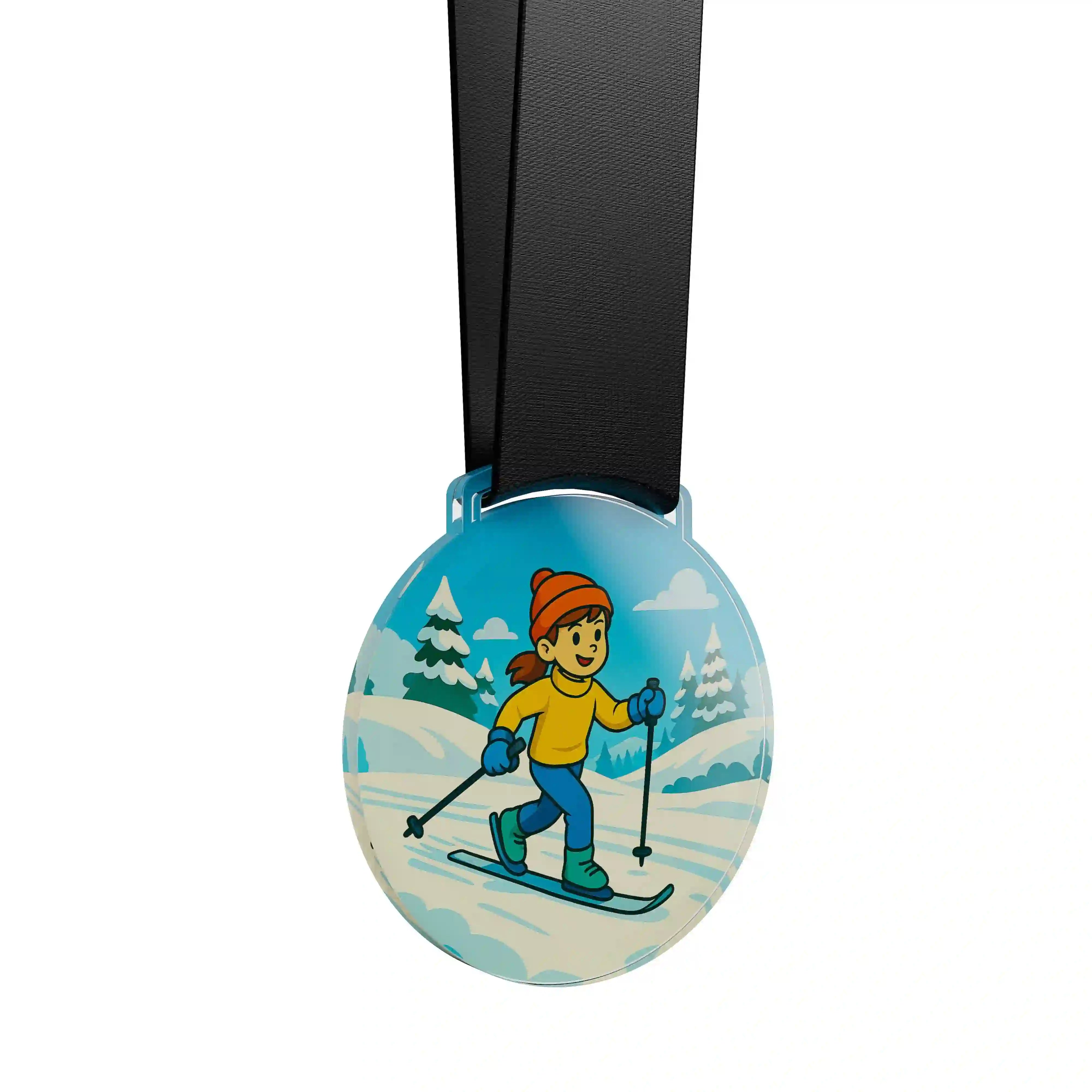 médaille acrylique d'une jeune fille faisant du ski de fond