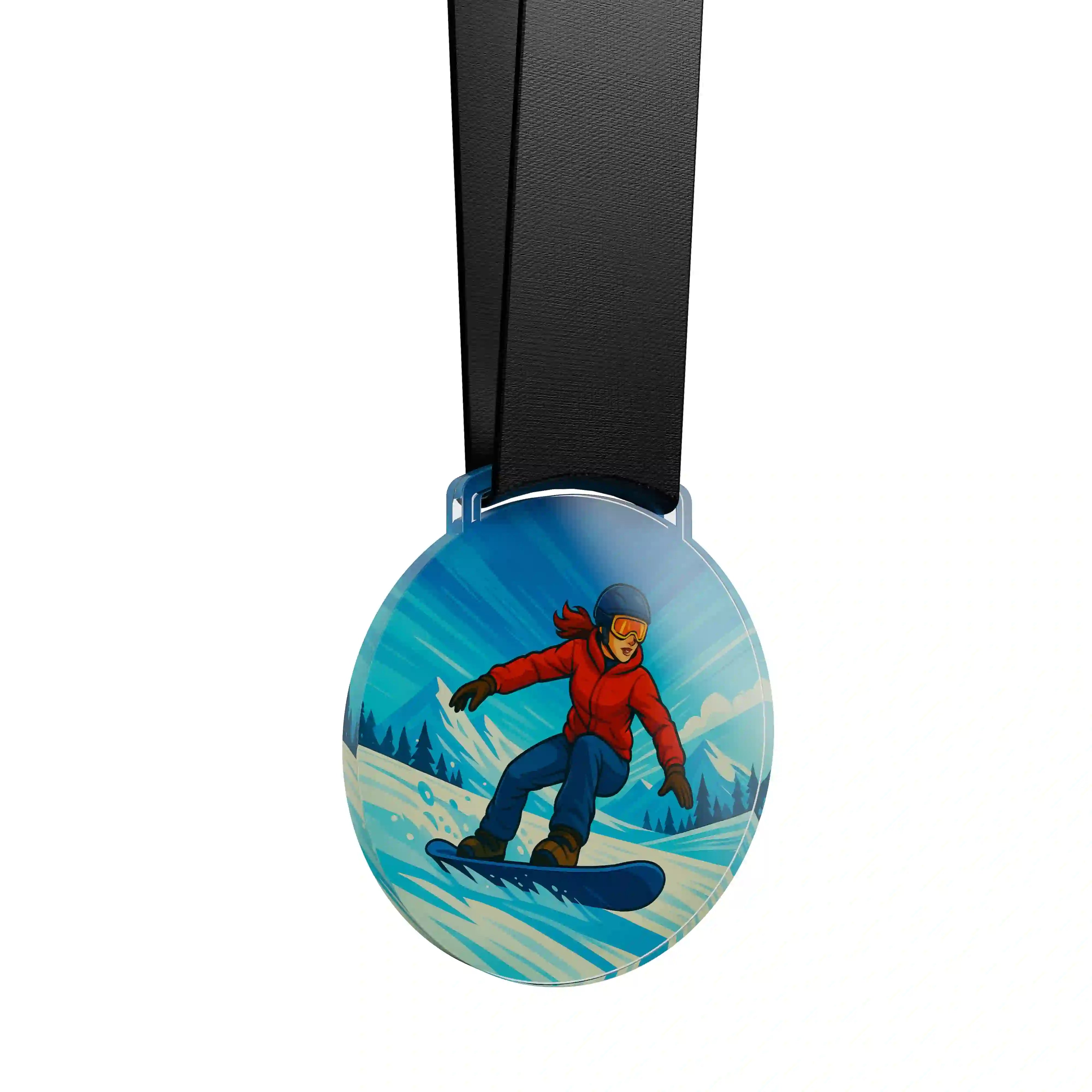 médaille acrylique d'une femme faisant du snowboard