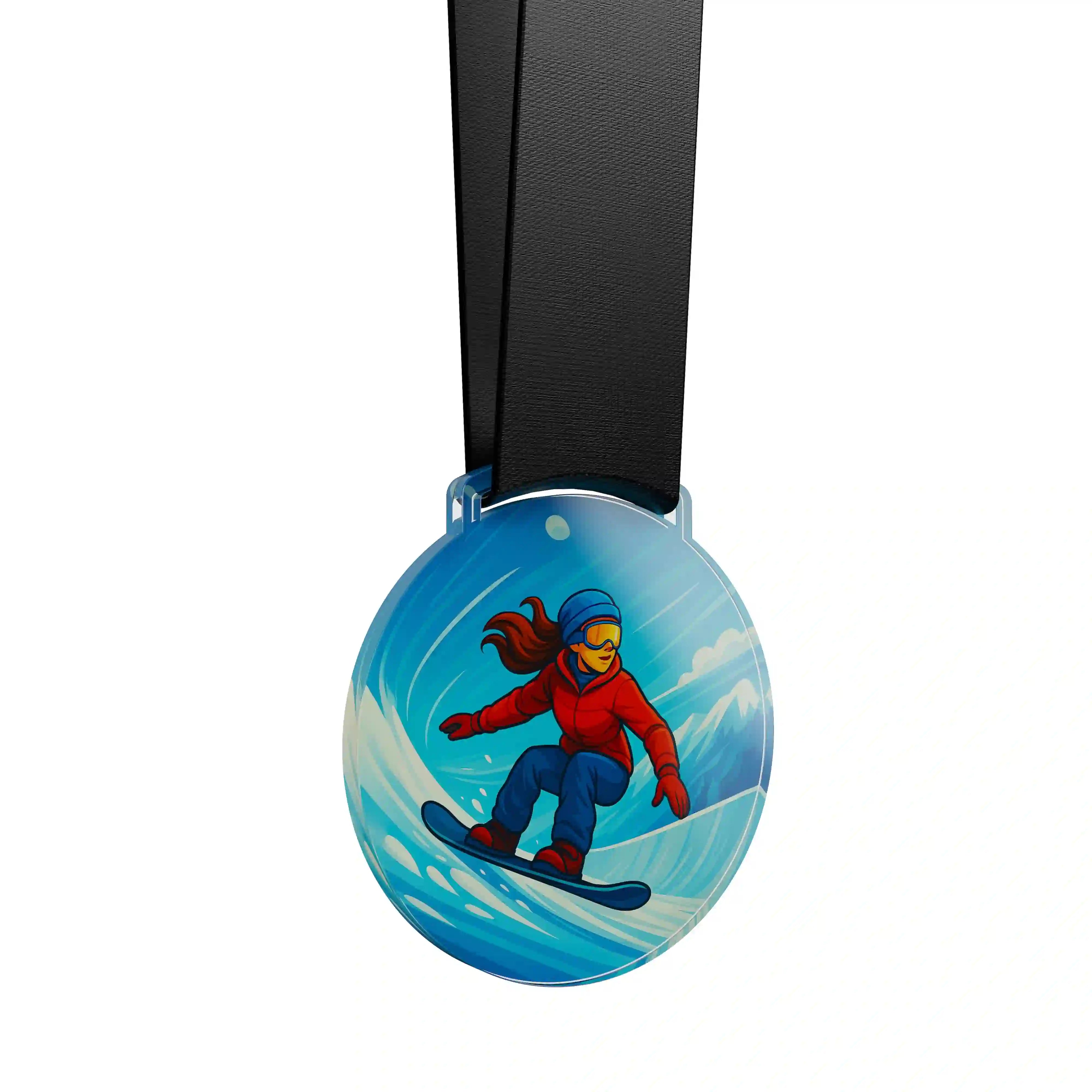 médaille acrylique d'une femme faisant du snowboard