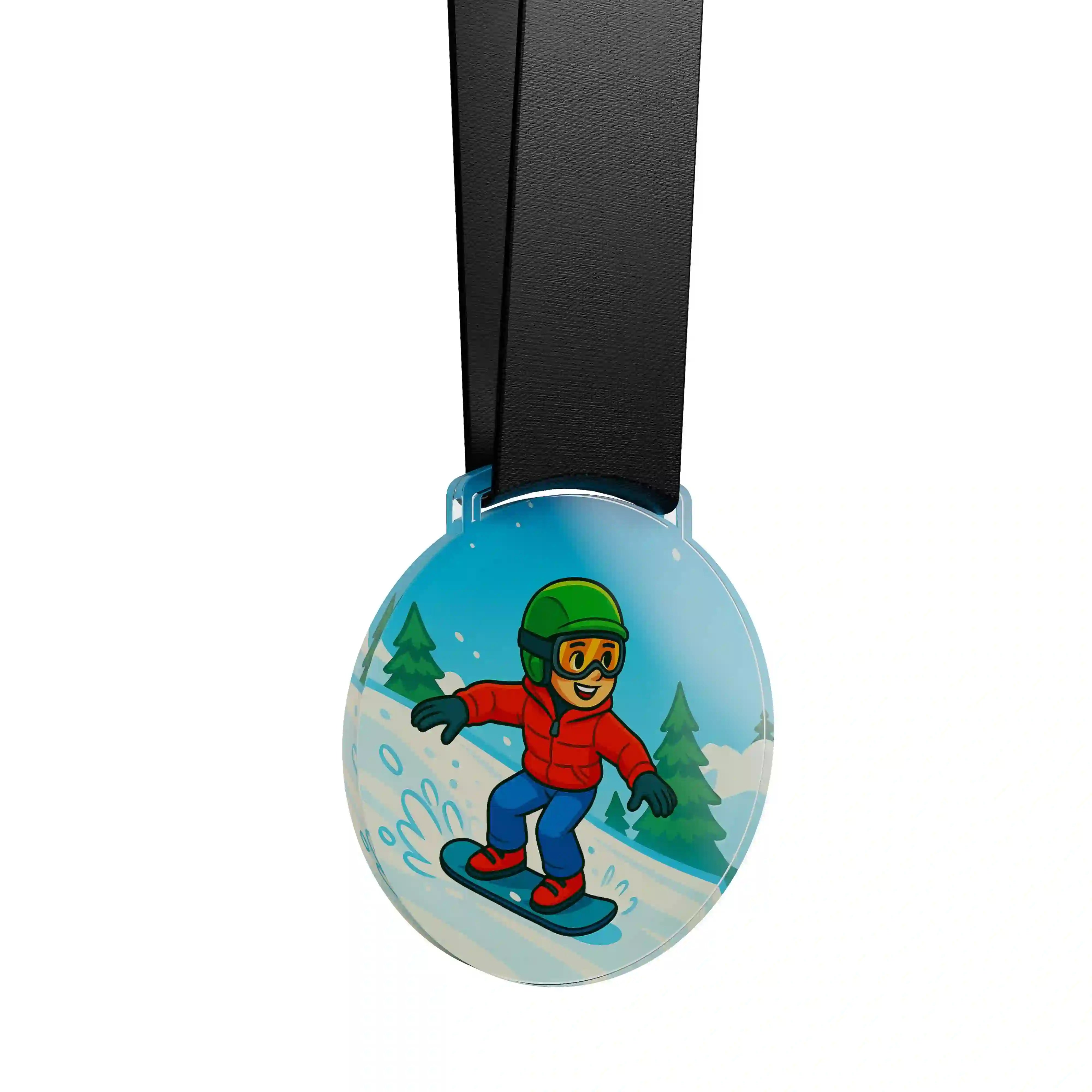 médaille acrylique d'un jeune garçon faisant du snowboard