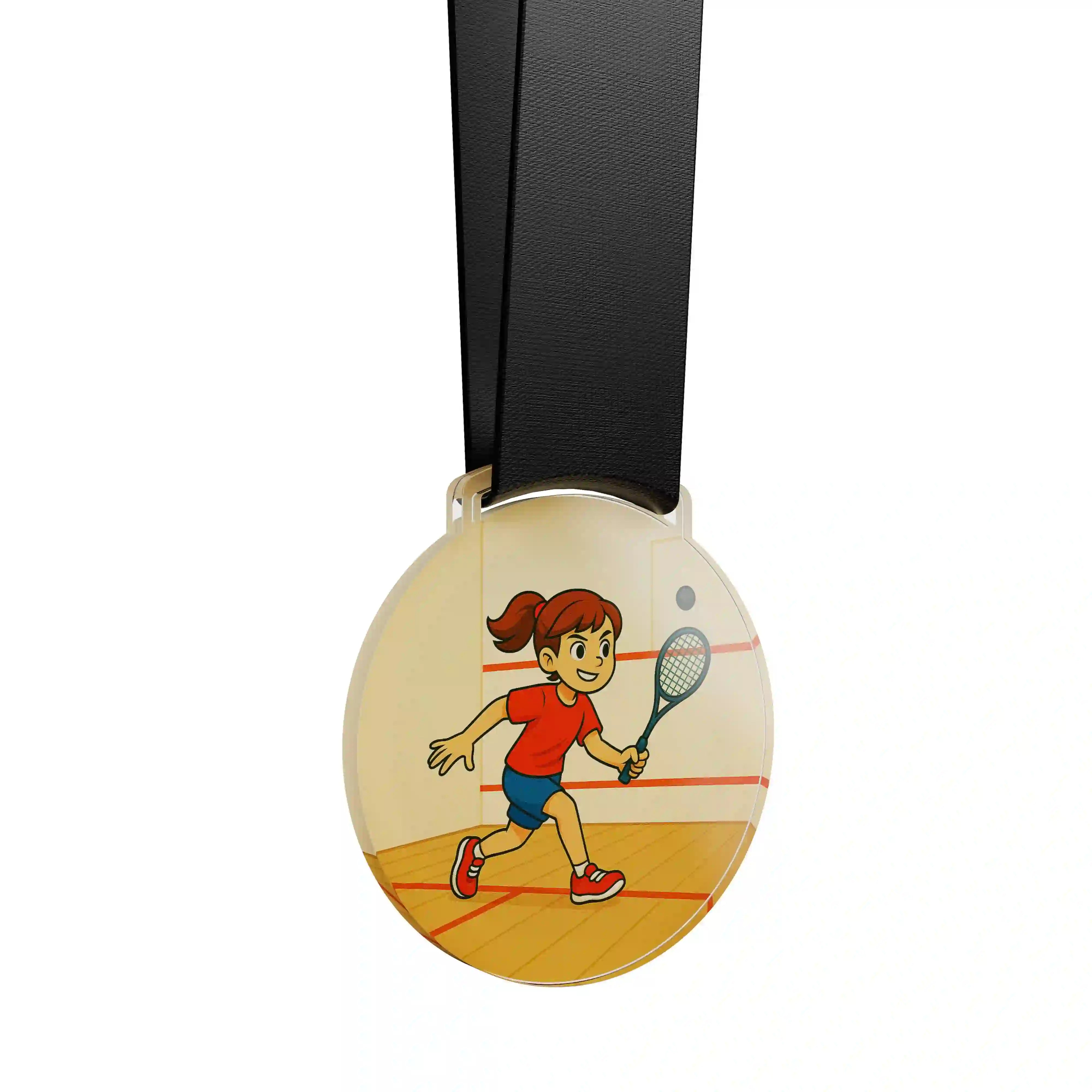 médaille acrylique d'une jeune fille faisant du squash