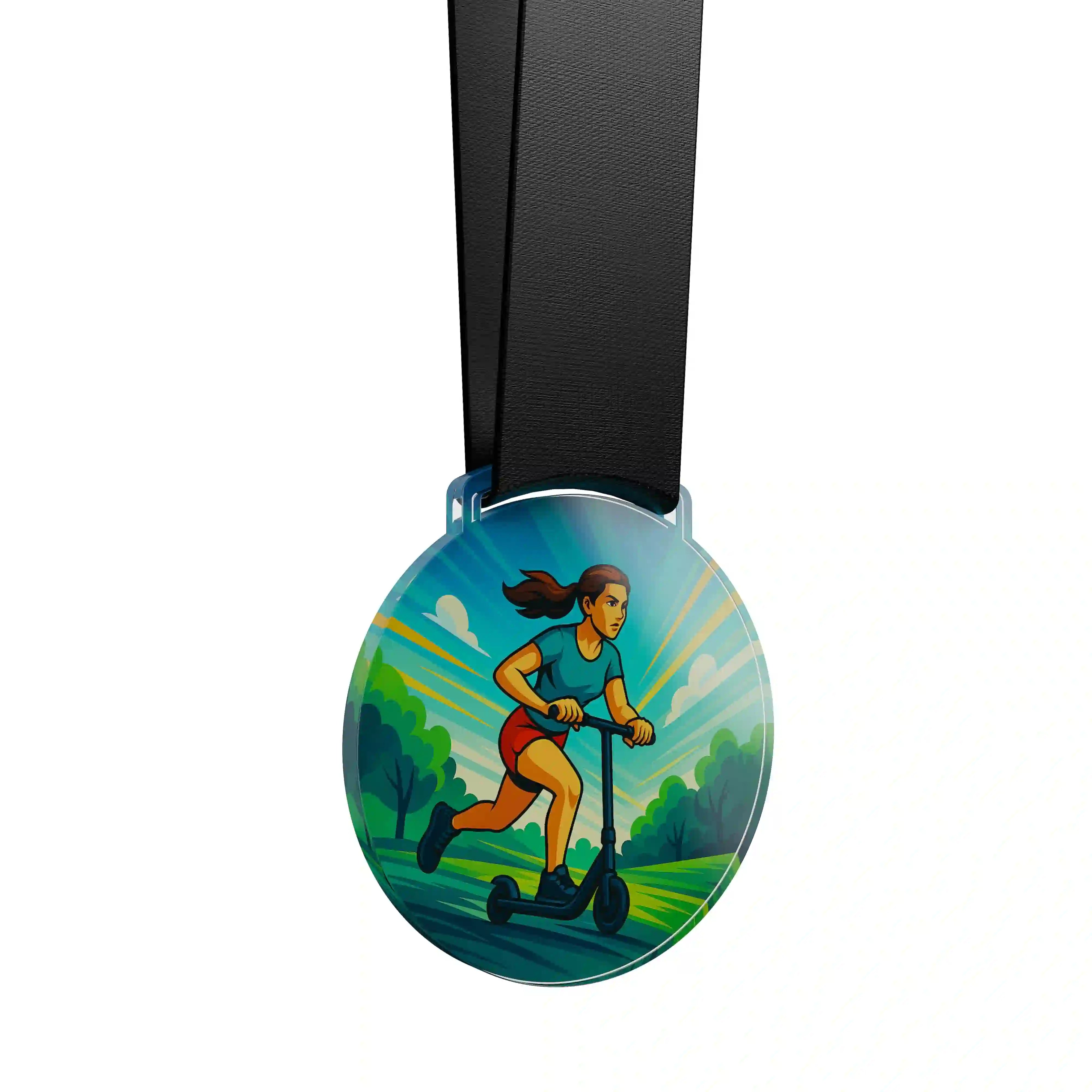 médaille acrylique d'une femme faisant de la trottinette