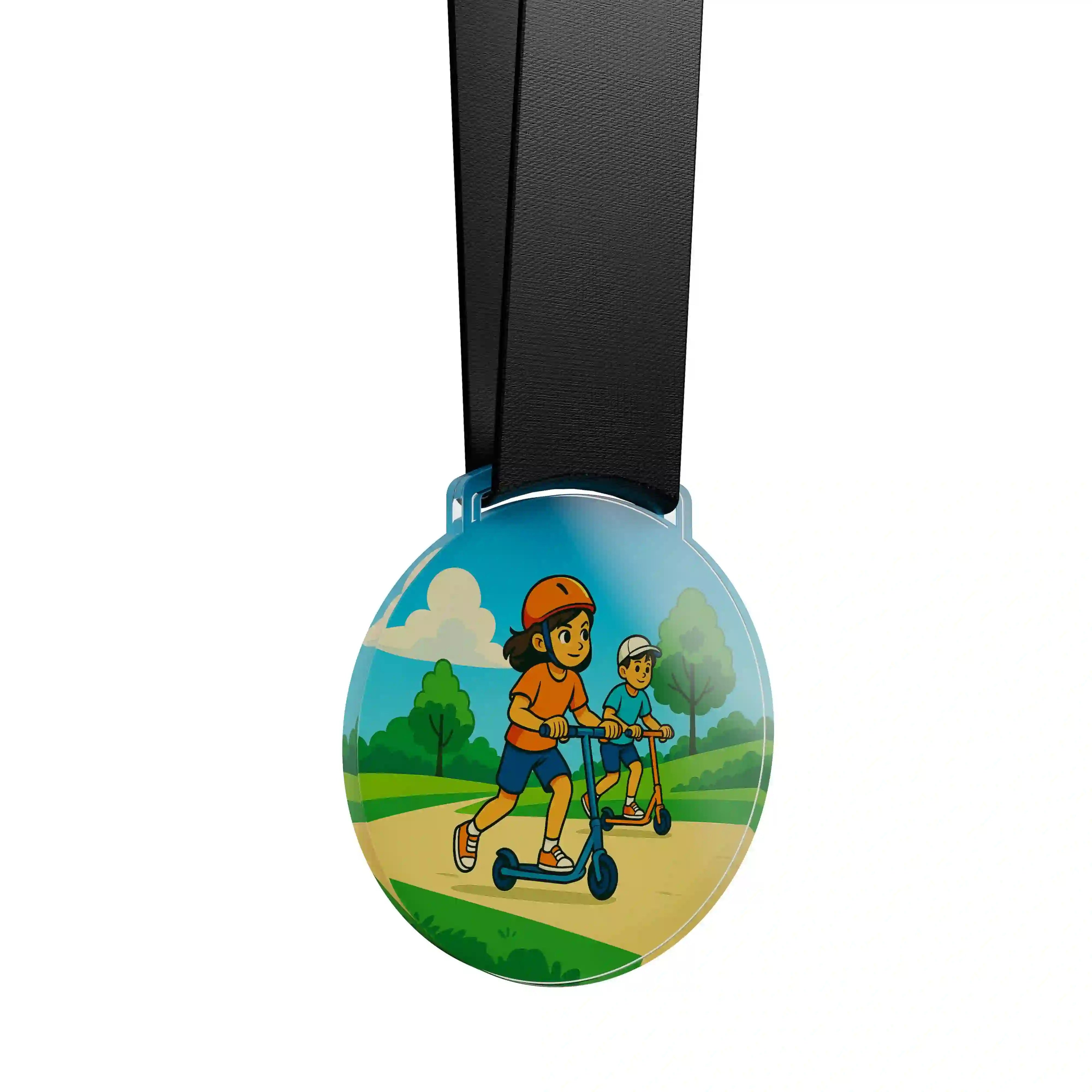 médaille acrylique d'enfants faisant de la trottinette