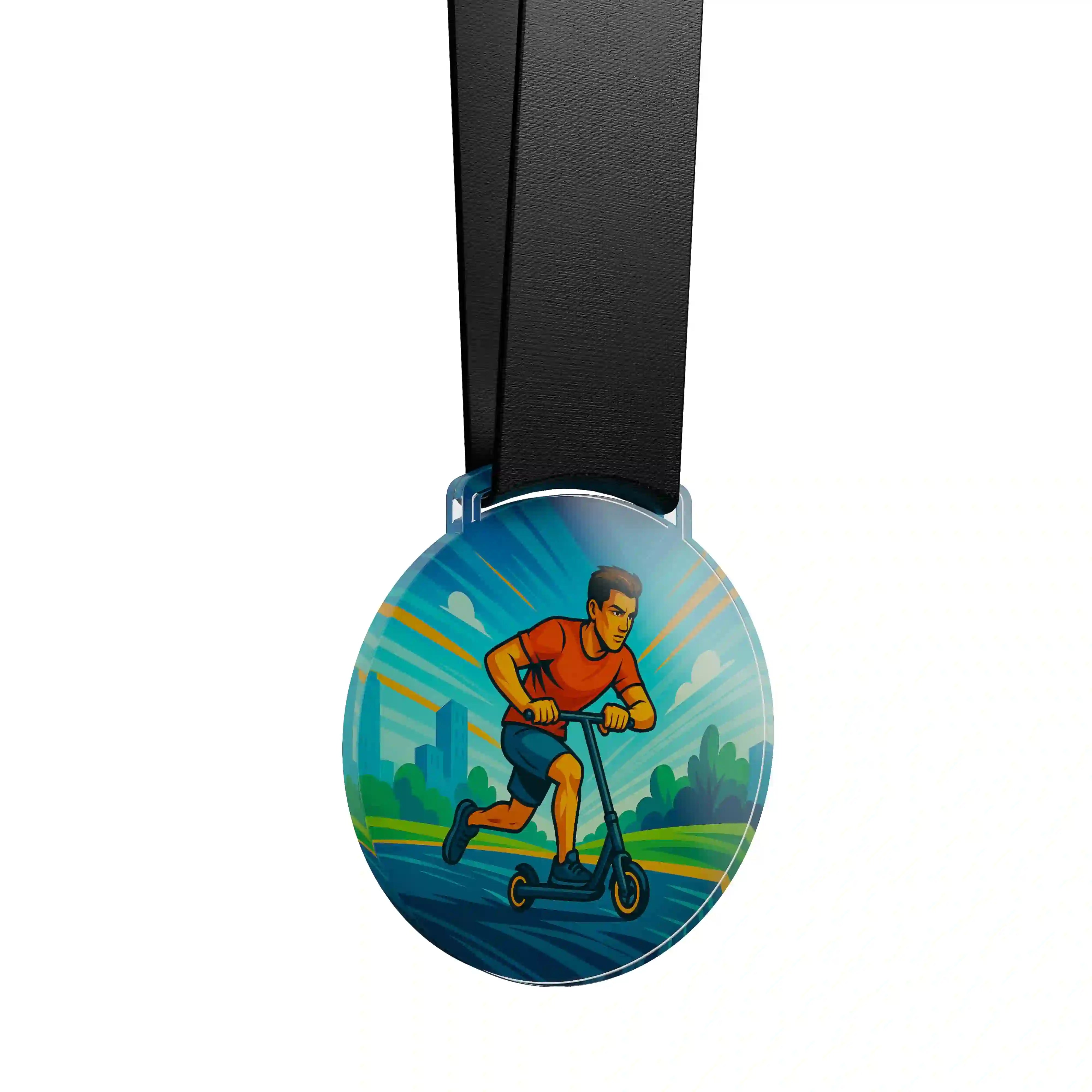 médaille acrylique d'un homme faisant de la trottinette