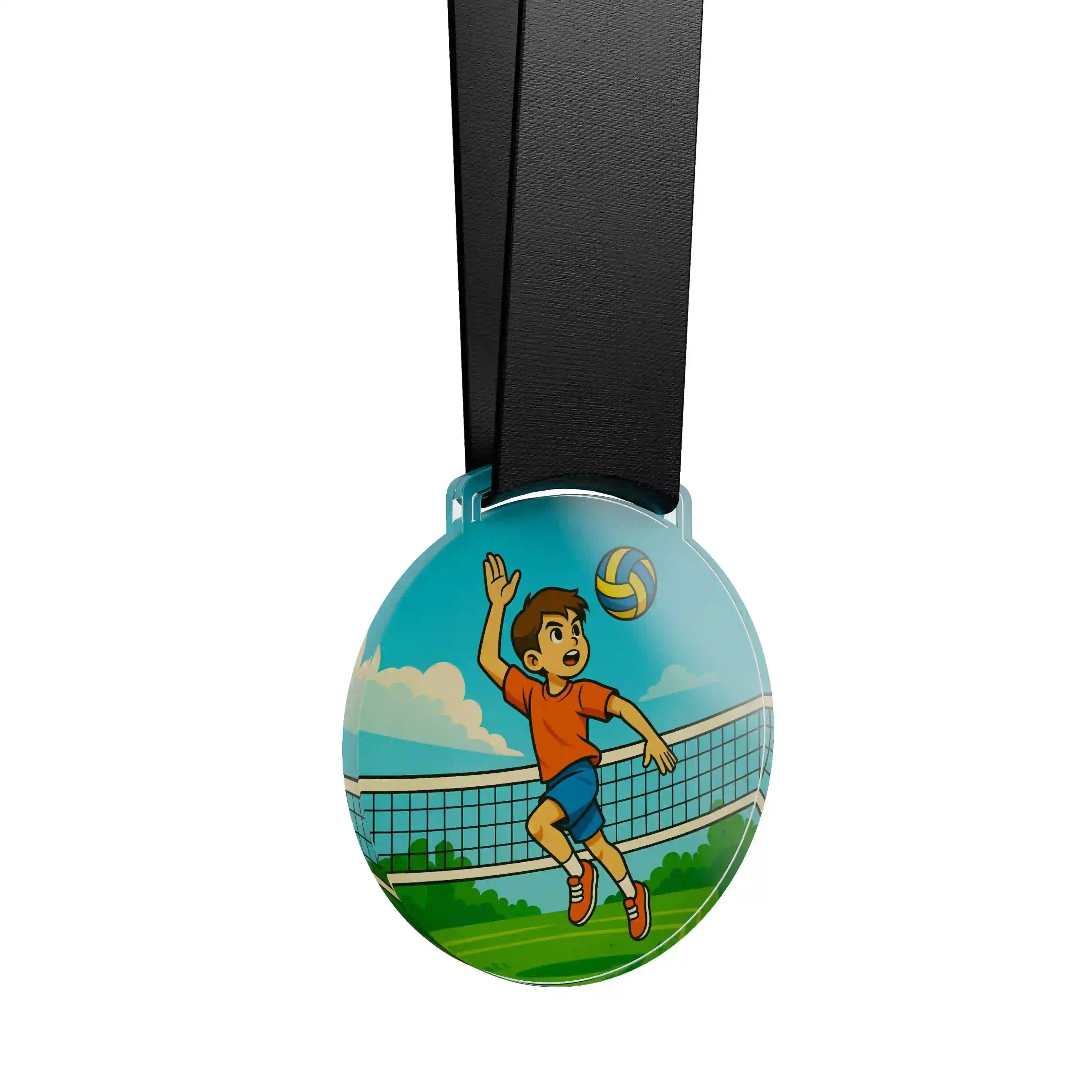 médaille acrylique d'un jeune garçon faisant du volley