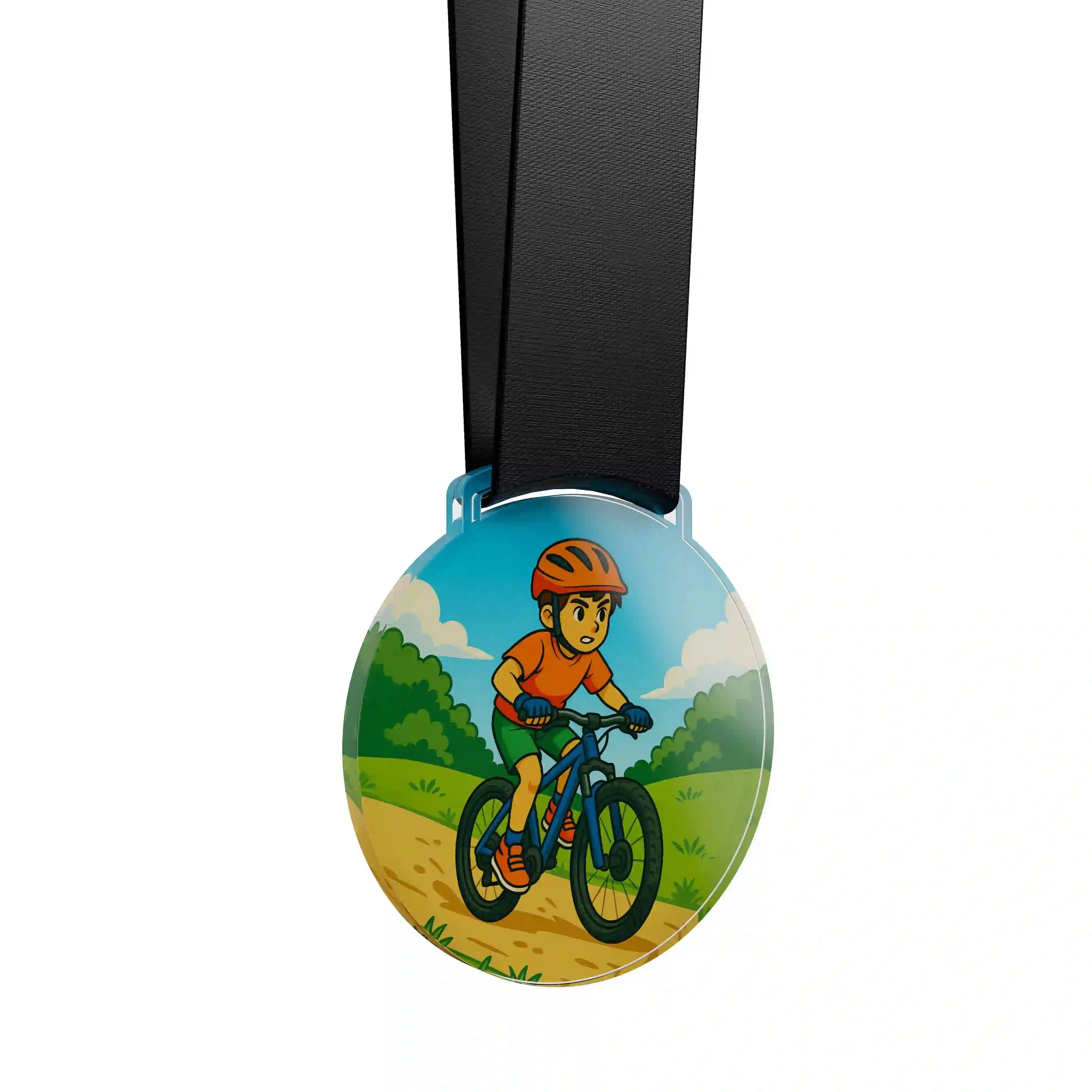 médaille acrylique d'un jeune garçon faisant du VTT