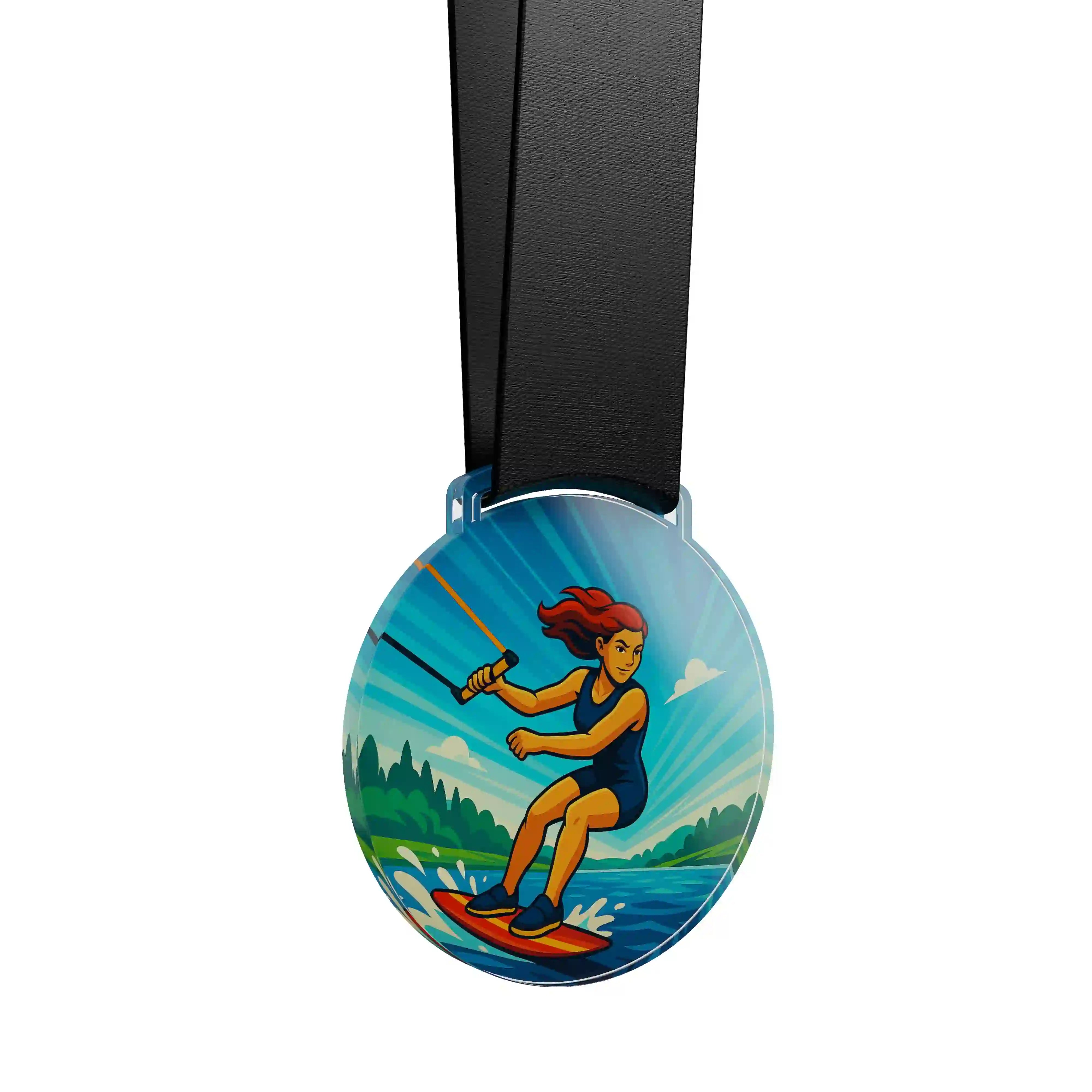 médaille acrylique d'une femme faisant du wakeboard