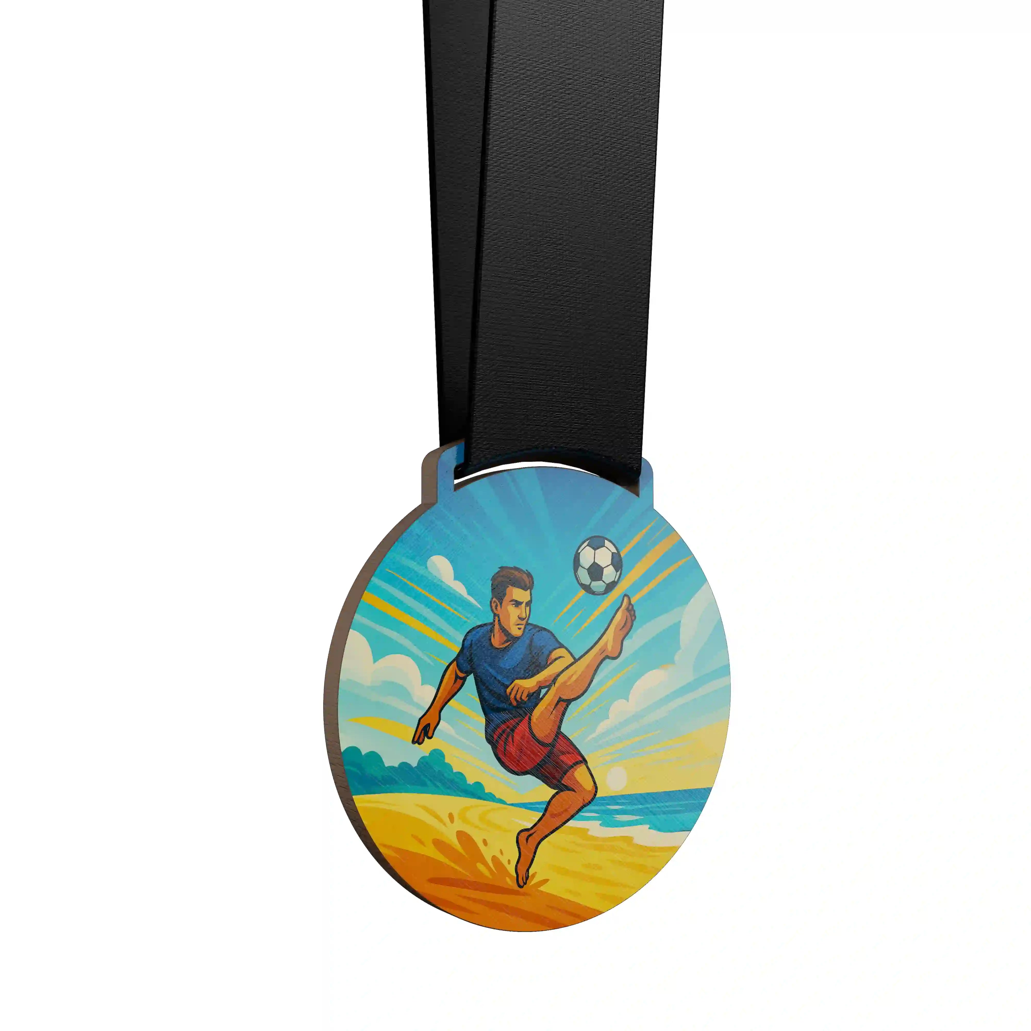 médaille en bois d'un homme jouant au beach soccer