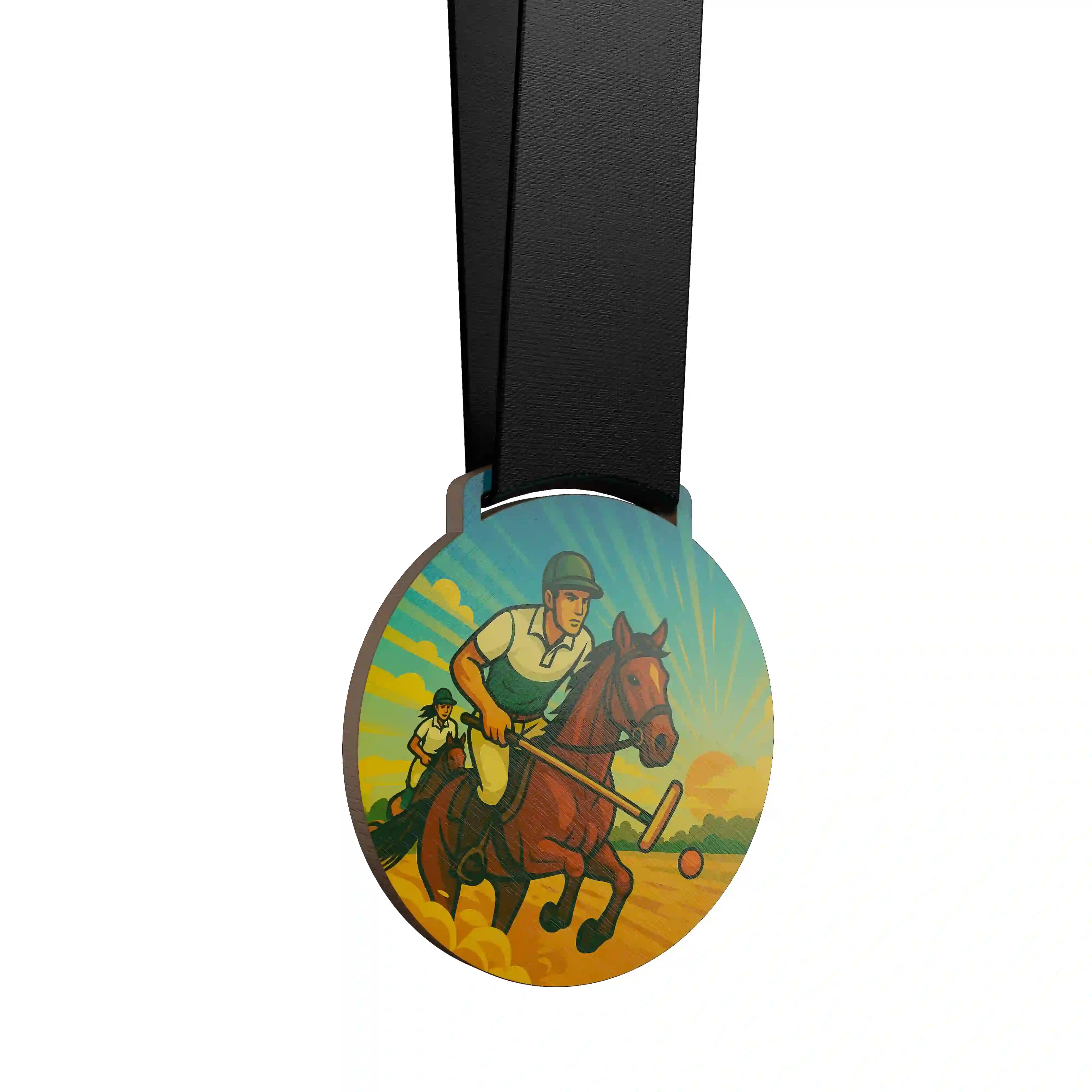 Homme jouant au polo à cheval, galopant rapidement.