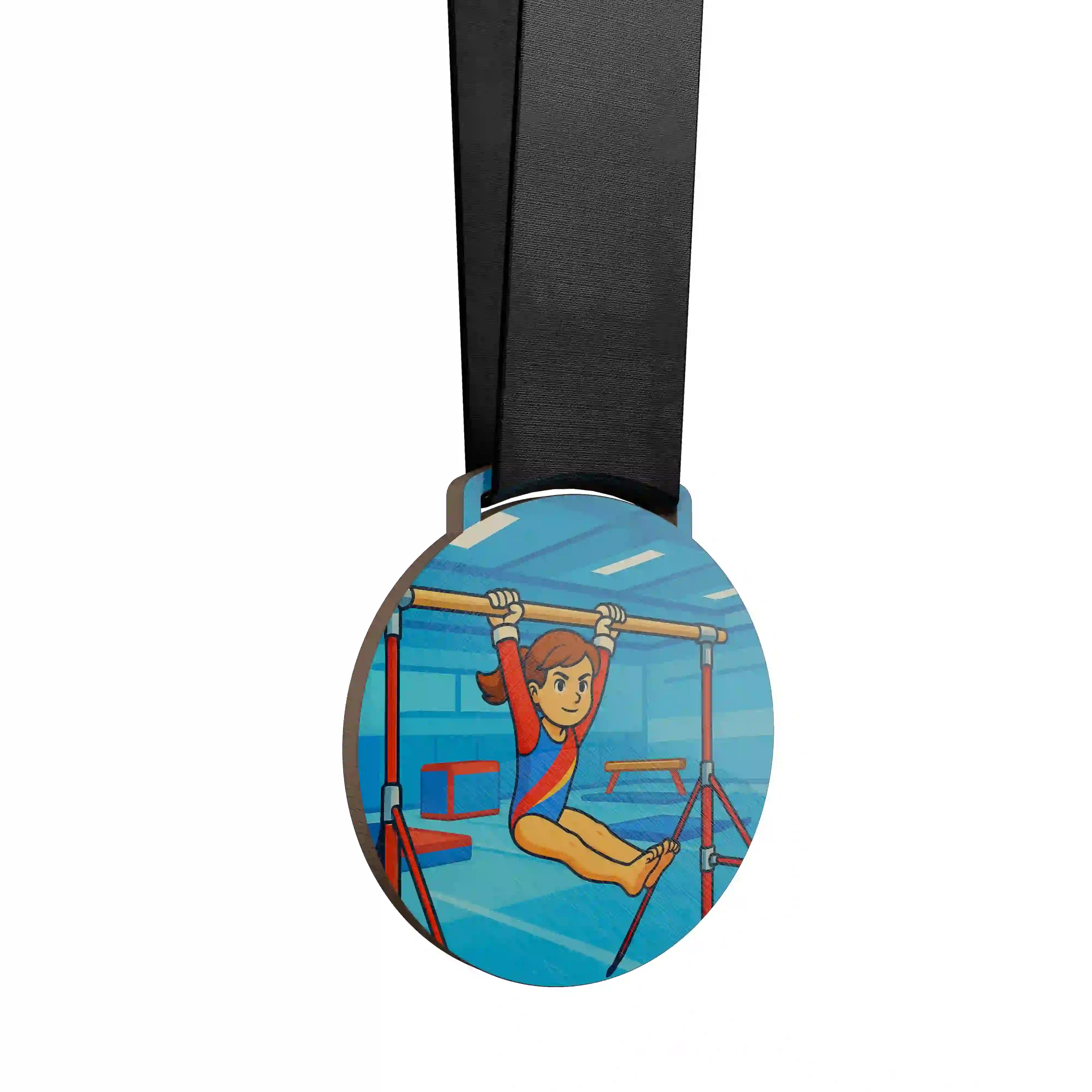 Petite fille en gymnastique artistique, suspendue Ă  une barre fixe.