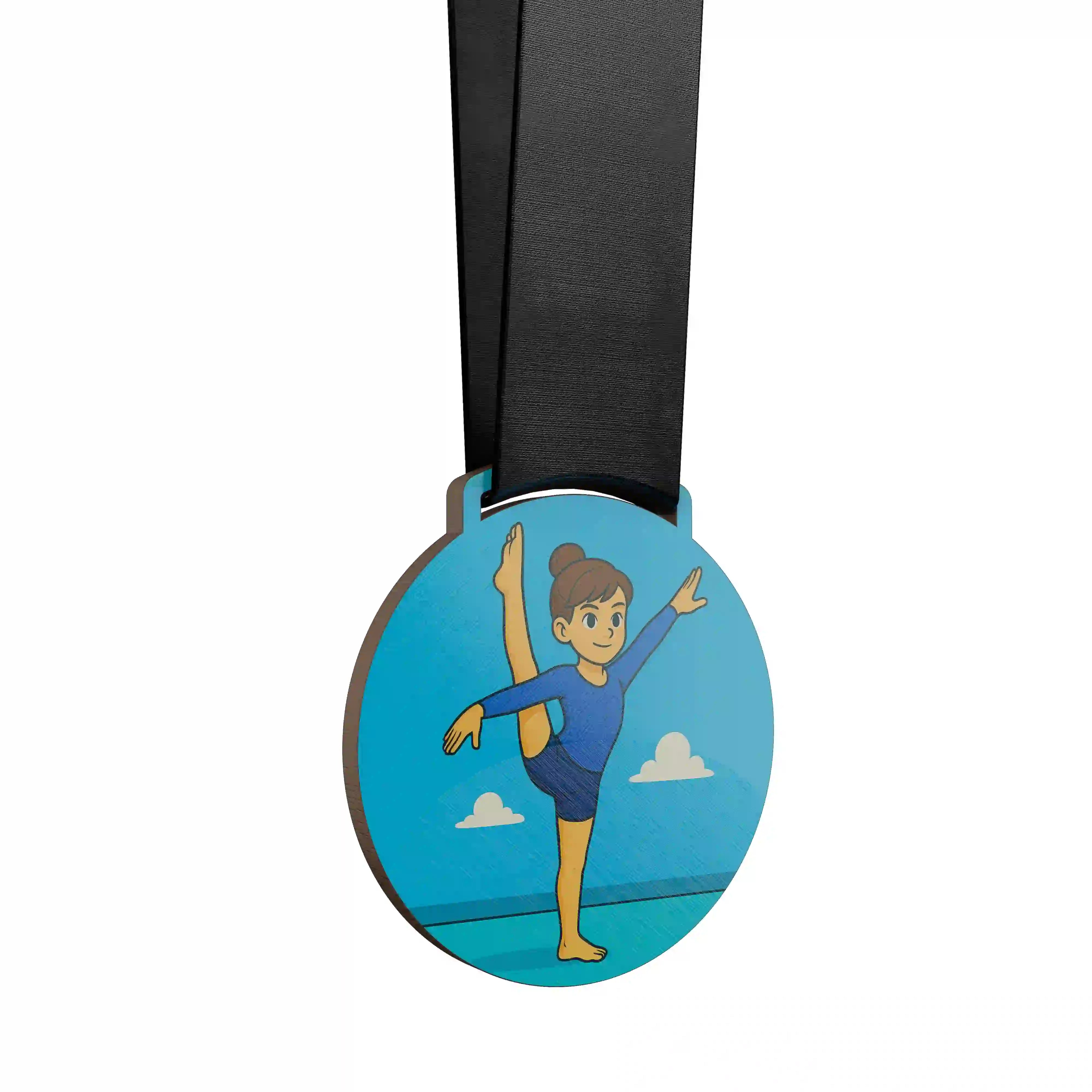 Petite fille en gymnastique artistique, rĂ©alisant une figure dâĂ©quilibre sur un pied.