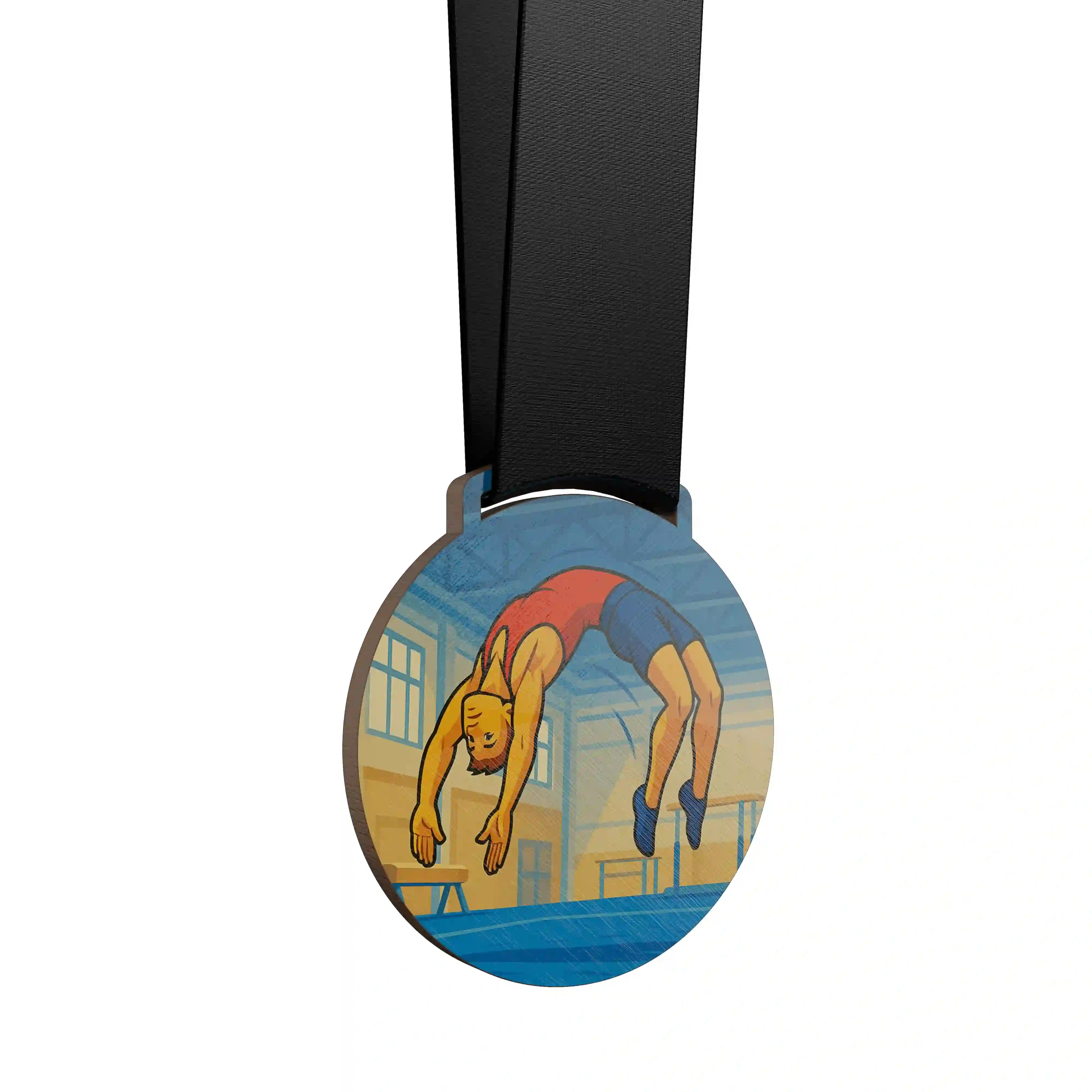 Gymnaste masculin effectuant un saut de cheval avec arc arriĂšre.