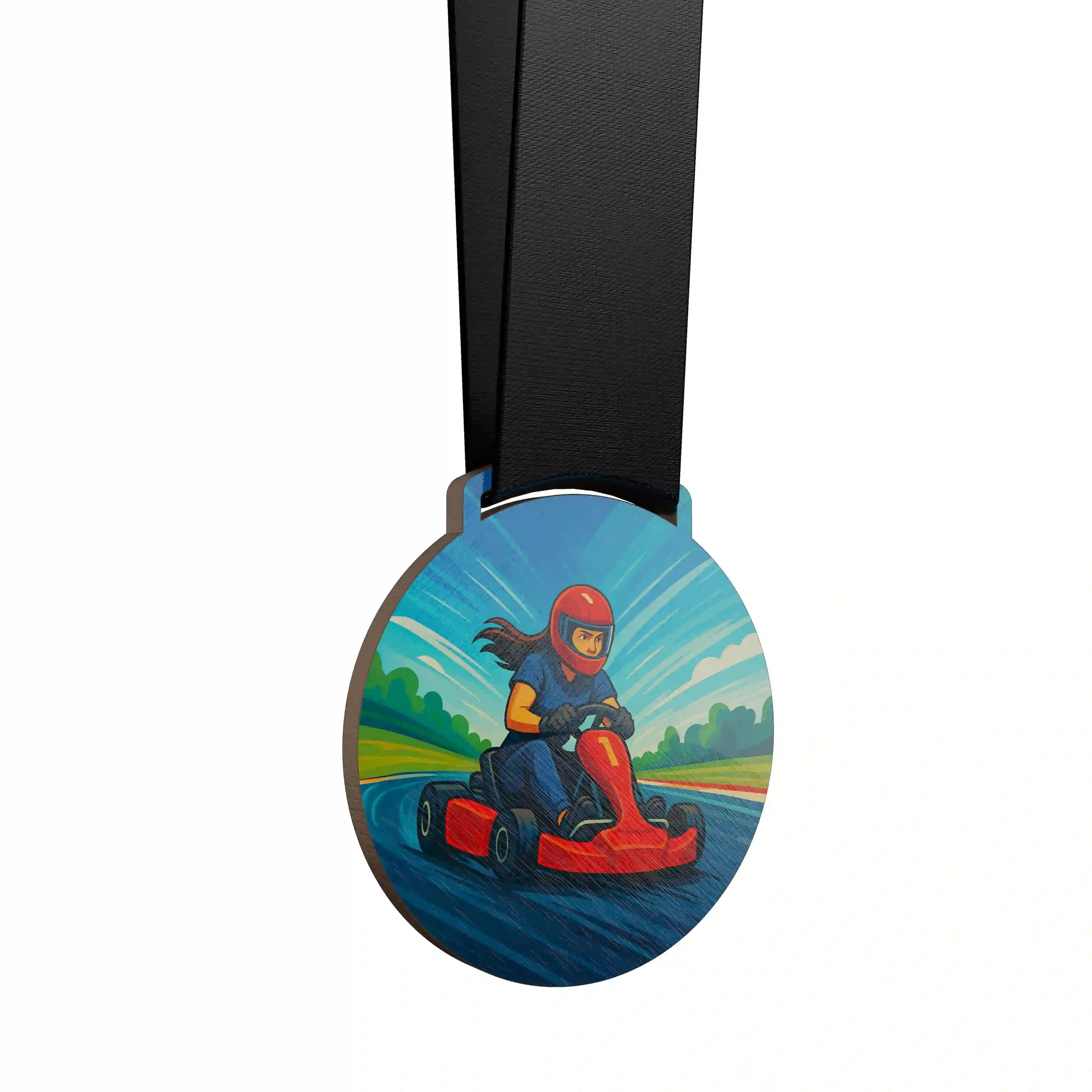 médaille en bois d'une femme faisant du karting