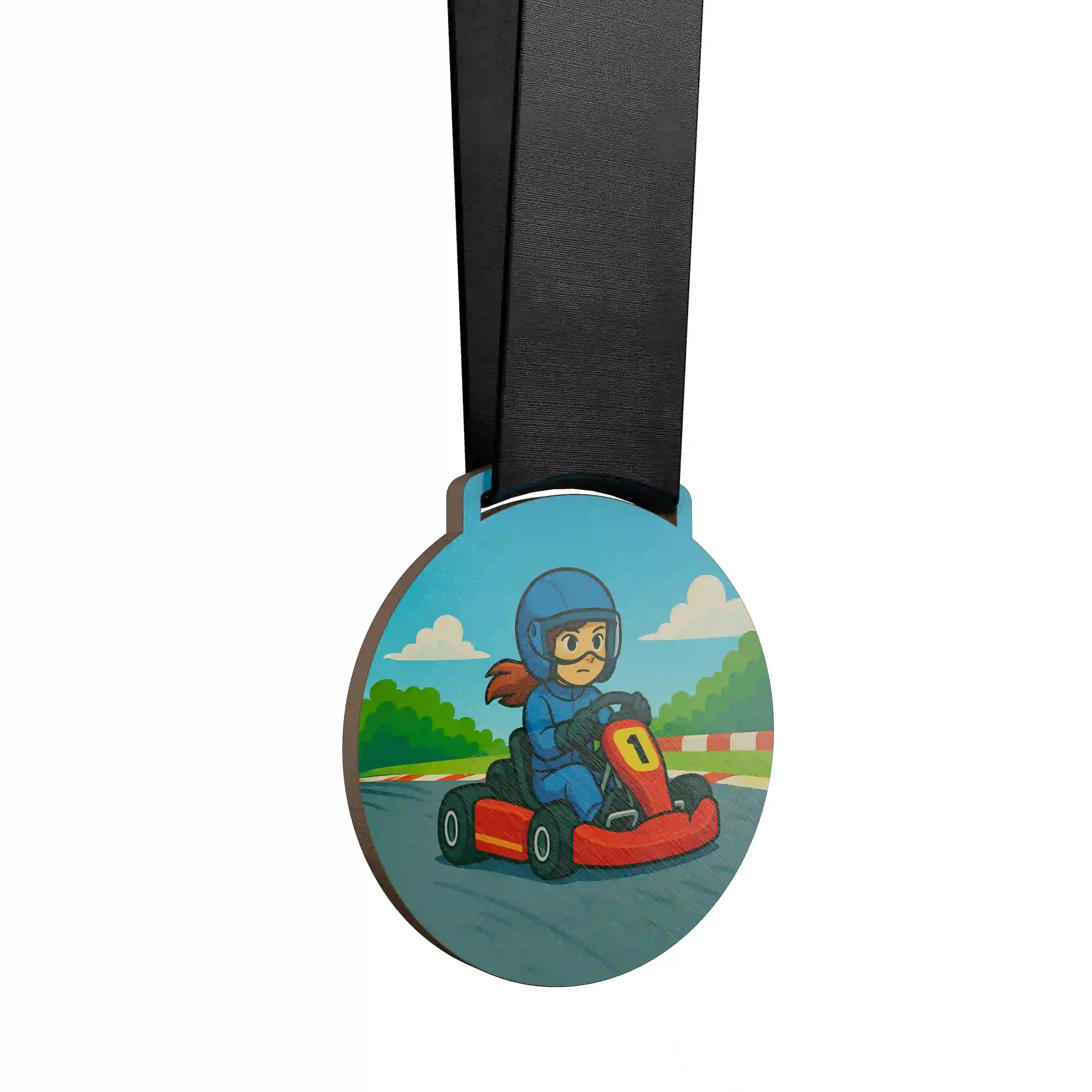 médaille en bois d'une jeune fille faisant du karting