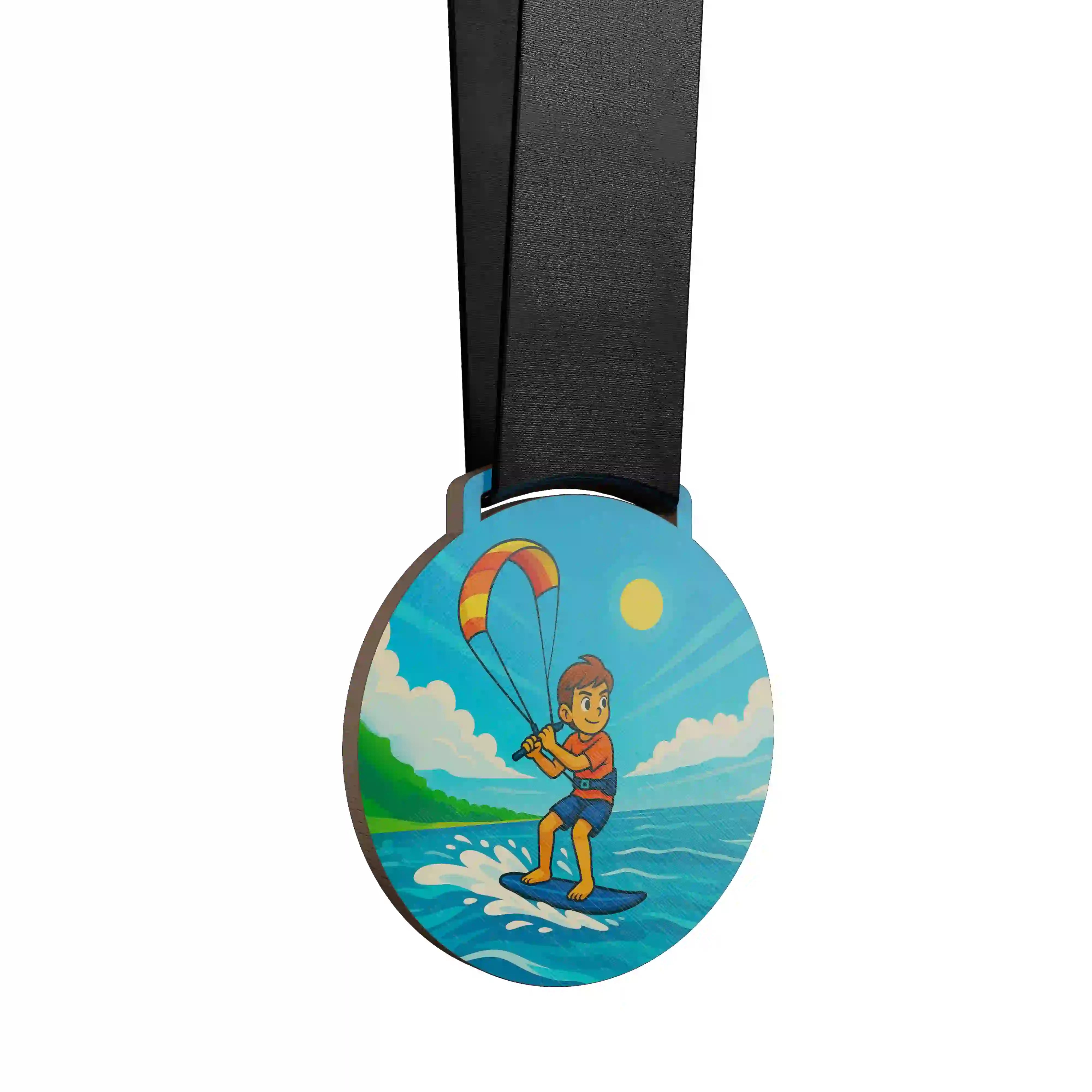 médaille en bois d'un jeune garçon faisant du kitesurf