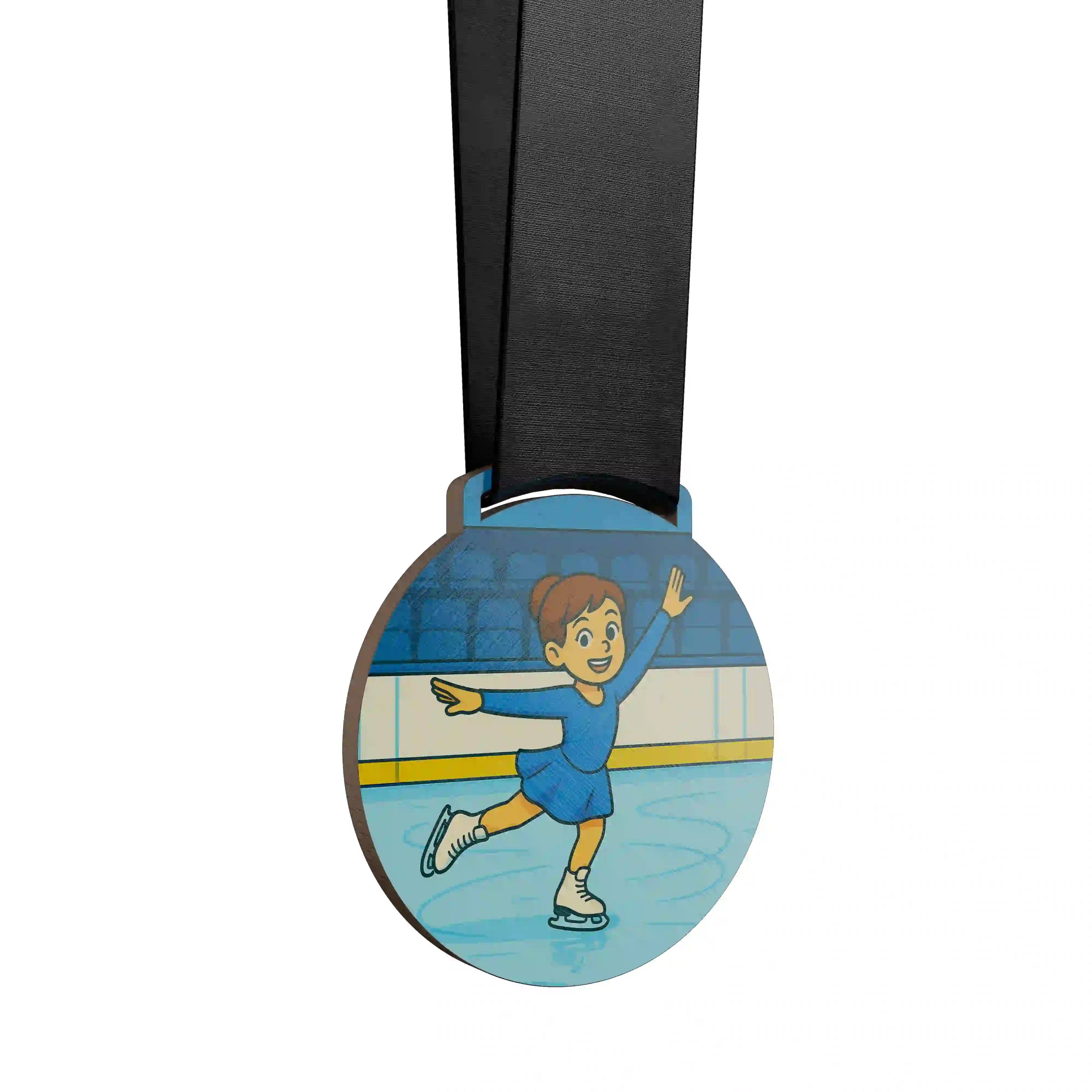 médaille en bois d'une jeune fille faisant du patin à glace