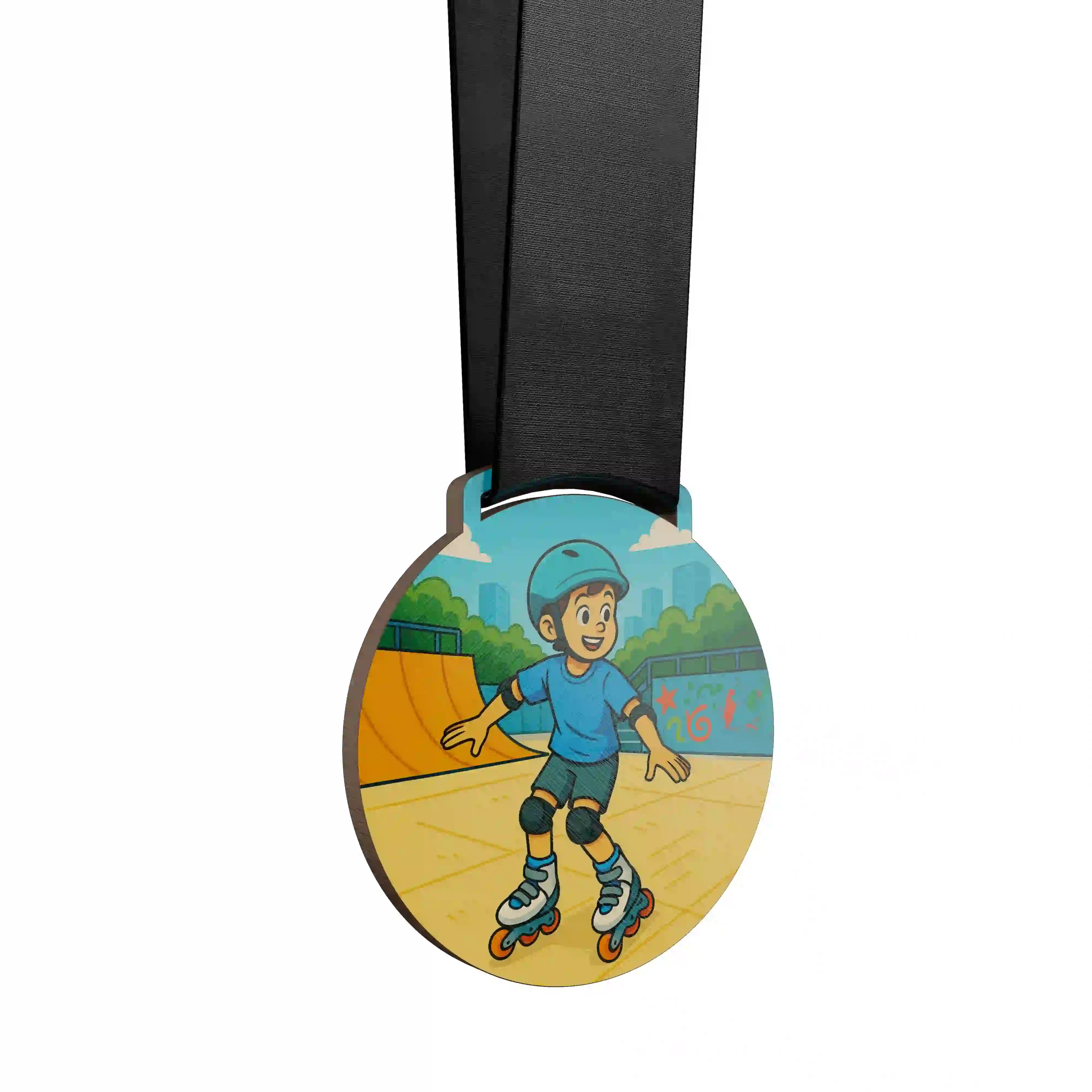 médaille en bois d'un jeune garçon faisant du patin à roulette dans un skatepark
