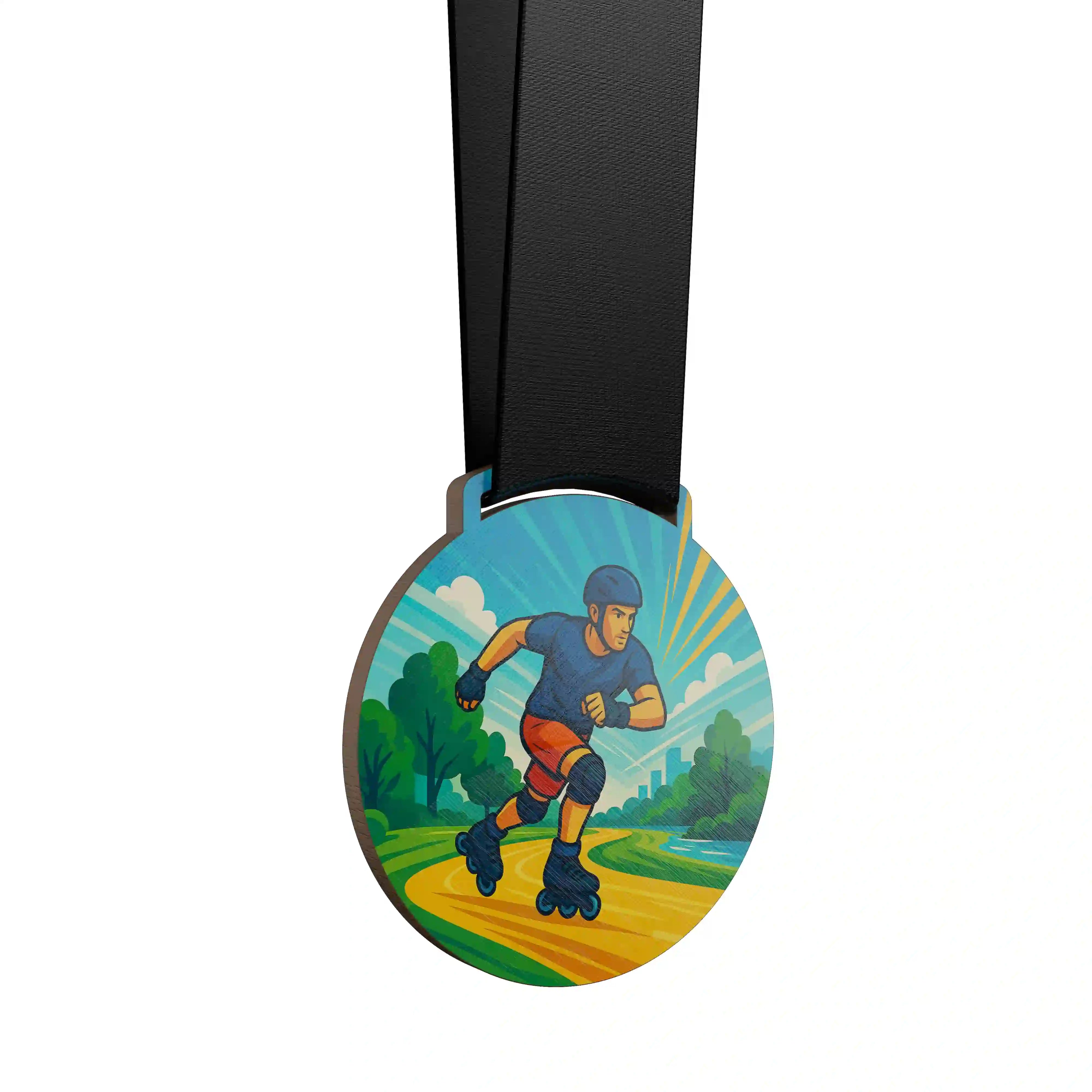 médaille en bois d'un homme faisant du patin à roulette